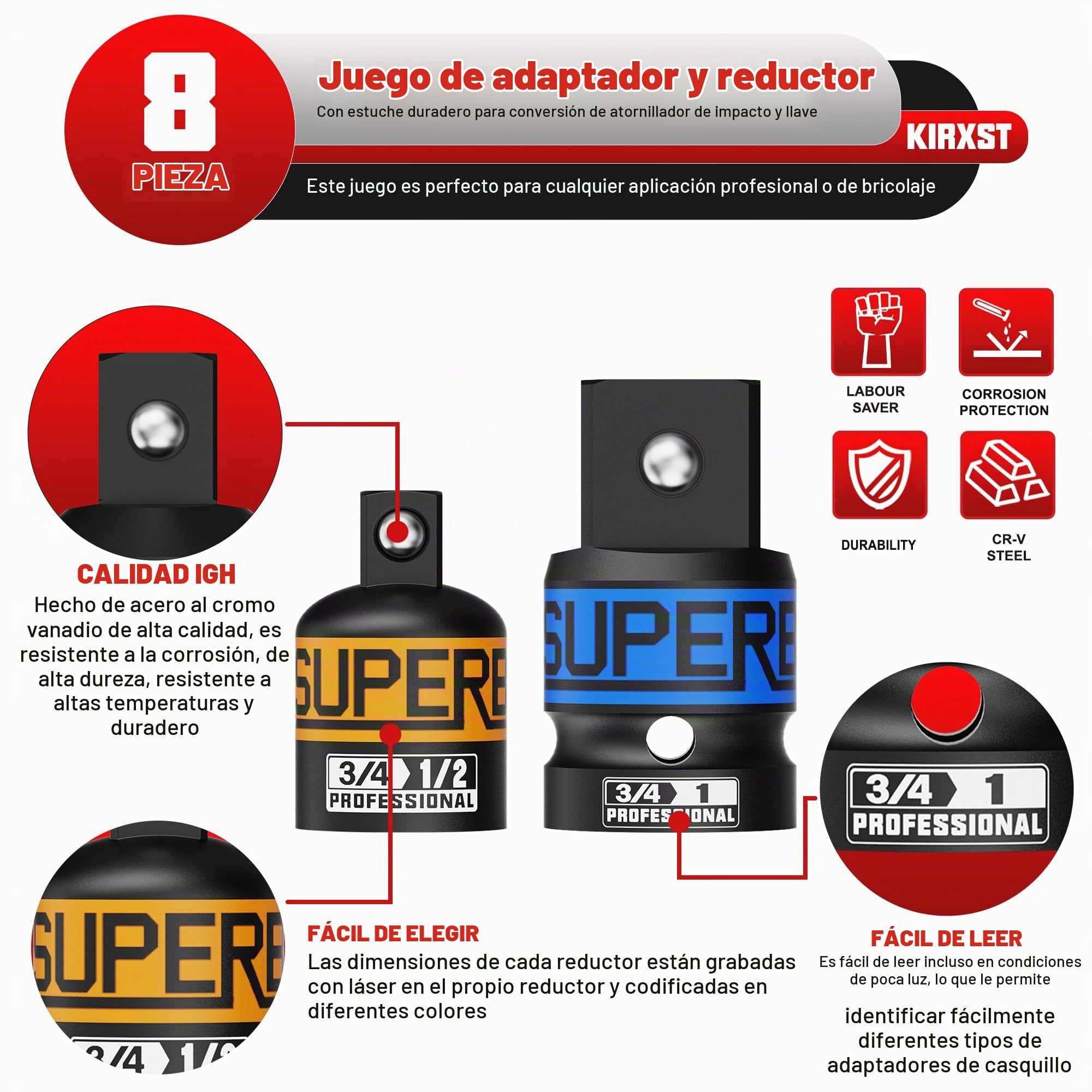Juego de 8 Adaptadores de Vaso, Adaptadores para Llave de Vaso 1/4" 3/8" 1/2" 3/4" 1", Reductores de Vasos de Impacto para Reparaciones Mecánicas y Automoción