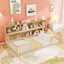 KOMFOTT Twin Floor Bed with Bookcase & Shelves, Wood Bed Frame with Bedside Bookshelves & Guardrails, Versatile 2-in-1 Montessori Floor Bed for Kids Twin,Natural