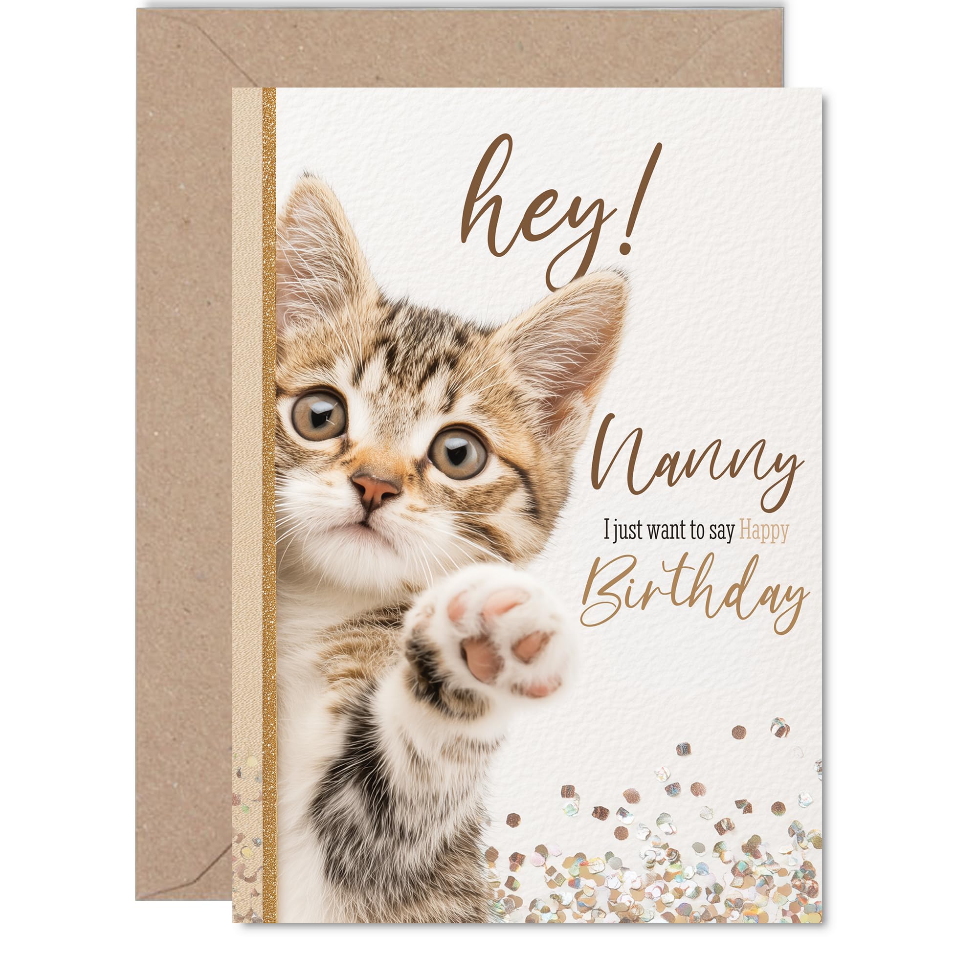 Cute Birthday Card for Nanny - Playful Kitten and Gold Accents - Whiskers and Paws Bring Birthday Cheer - Sure to Put a Smile on Her Face - 5X7 Inch, Envelope Included