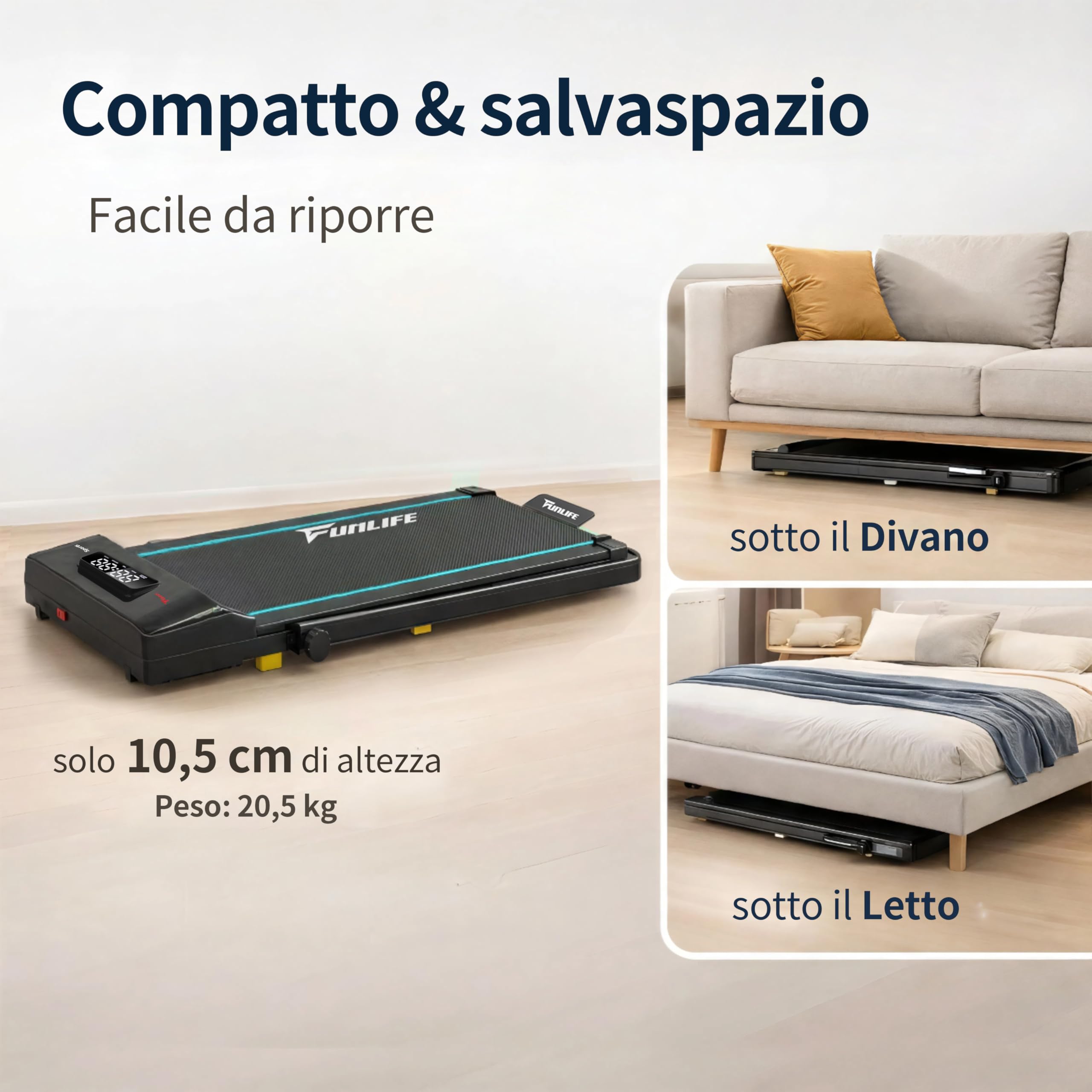 FunLife F1 - Tapis roulant pieghevole 3 in 1 con maniglia, silenziosa e piatta, fino a 120 kg, per scrivania e ufficio, per anziani e riabilitazione