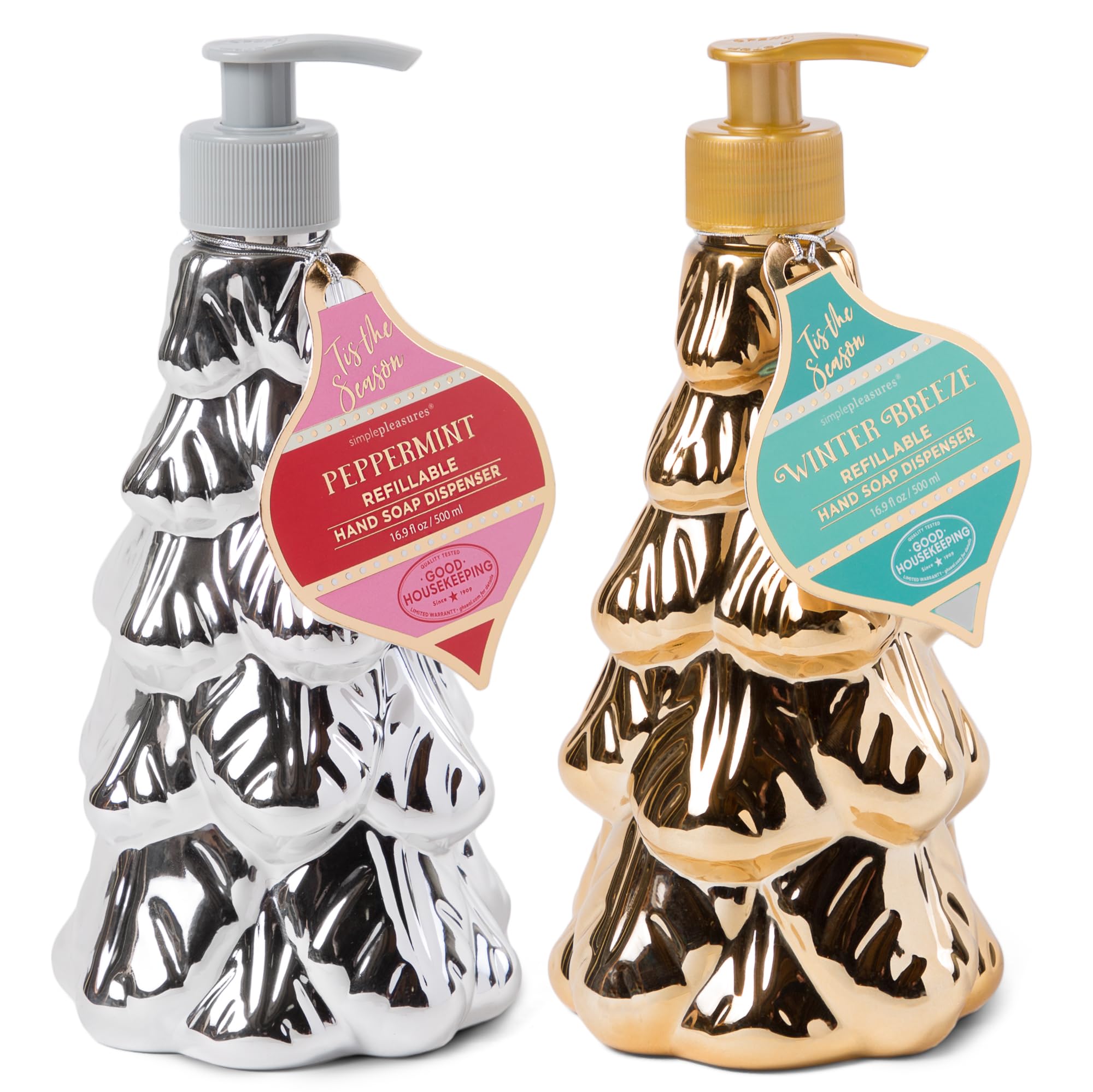 Simple Pleasures Metallic Christmas Tree Set of 2 Holiday Soap Dispenser with Scented Liquid Soap - Decorative Hand Pump Refillable Soap Dispensers for Kitchen and Bathroom Sinks