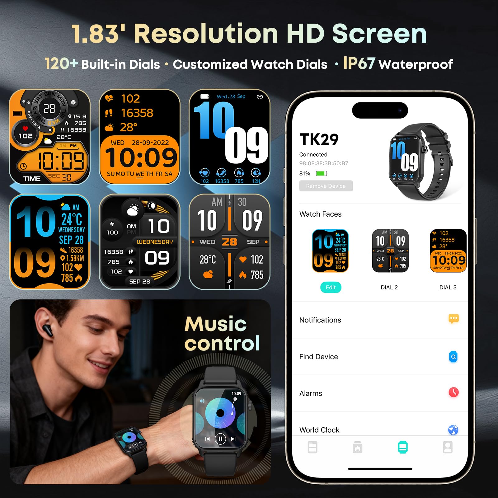 Smart Watch for Men, 120+ Sports Modes Smartwatch with 1.83" HD Touchsreen, Sleep Monitor, IP67 Waterproof, Bluetooth Call & Music Control Fitness Watch for iPhone/Android — view 5