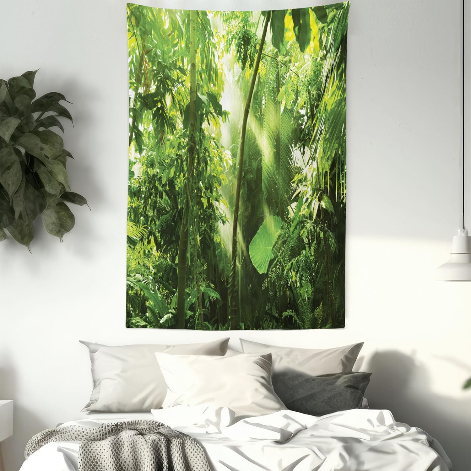 Ambesonne Forest Tapestry, Summer Tropical Monsoon Jungle with Exotic Tree Types and Big Leaves Scene, Wall Hanging for Bedroom Living Room Dorm Decor, 60" X 80", Yellow and Green