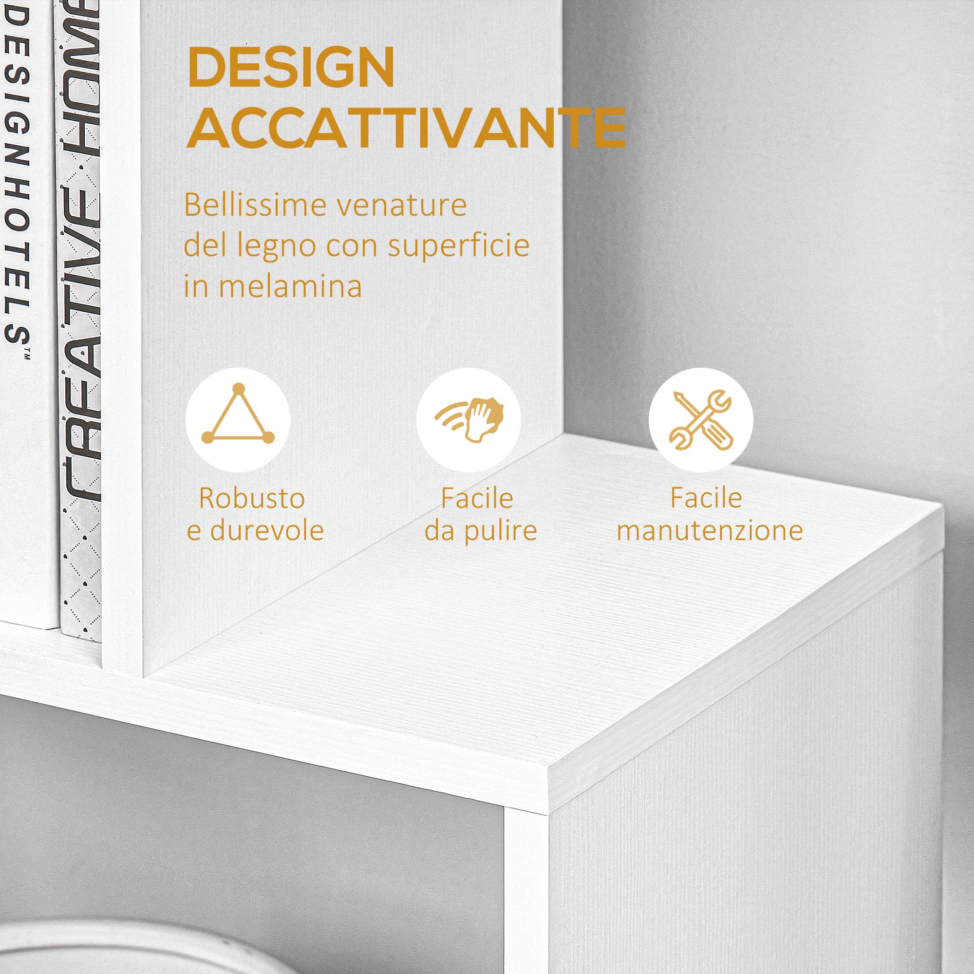 HOMCOM Libreria di Design, Libreria a Parete Bianca, 6 Ripiani Scomposti, Struttura a Zig-Zag, Moderna, Resistente, in Legno, per Salotto e Ufficio, 80x24x191cm, Bianco