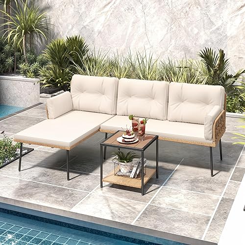 DWVO Patio Furniture Set, 3-Piece Outdoor Wicker Conversation Sectional L-Shaped Sofa with 4 Seater for Backyard, Porch, Boho Detachable Lounger with Cushions and Coffee Table - Beige