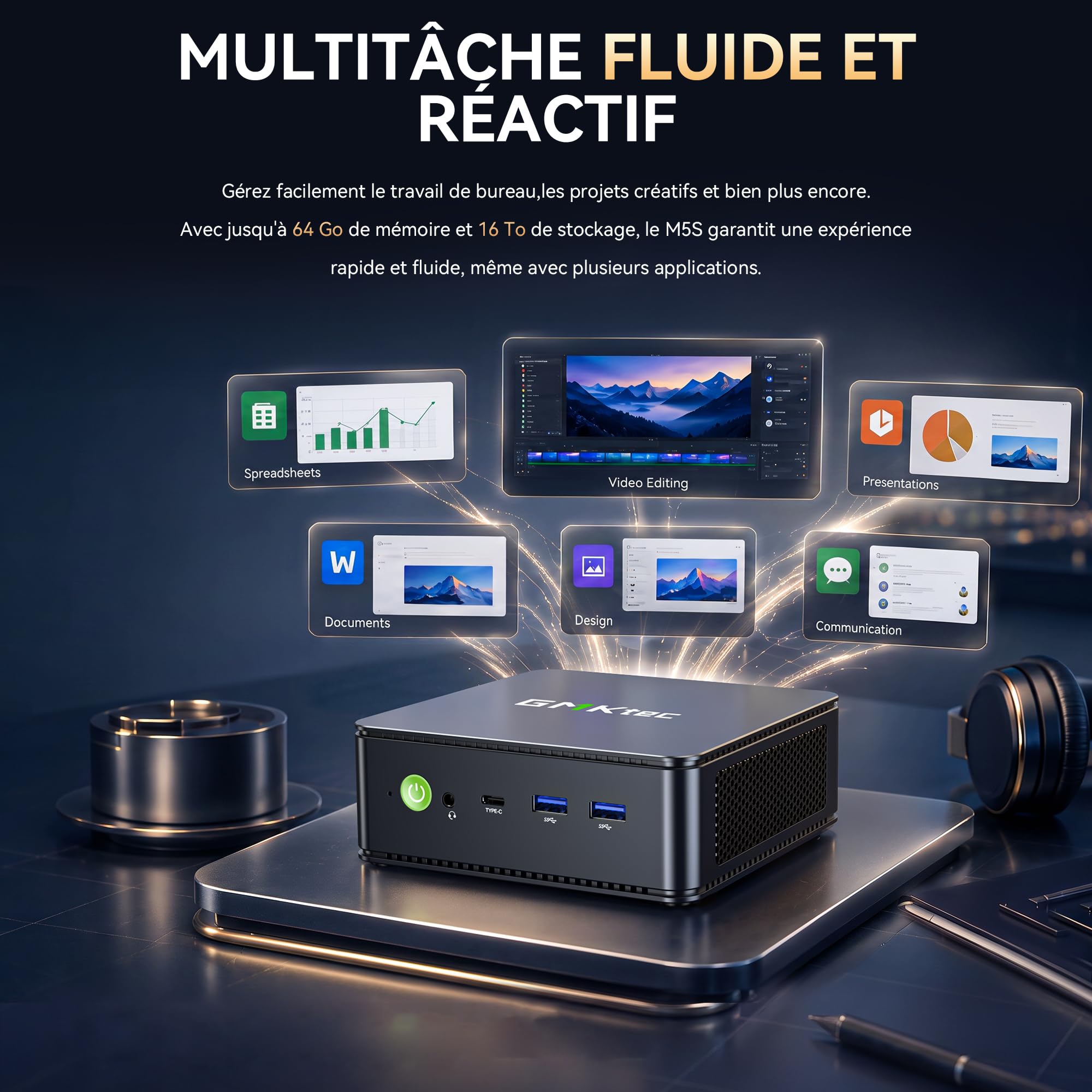 GMKtec Mini PC M5 S, mini PC AMD Ryzen 5400U, 16 Go de RAM DDR4 (double canaux), 512 Go SSD | pour bureau et maison, double LAN 2,5 Gbit/s, WiFi 6E, triple écran, USB‑C, HDMI 2.0, DisplayPort