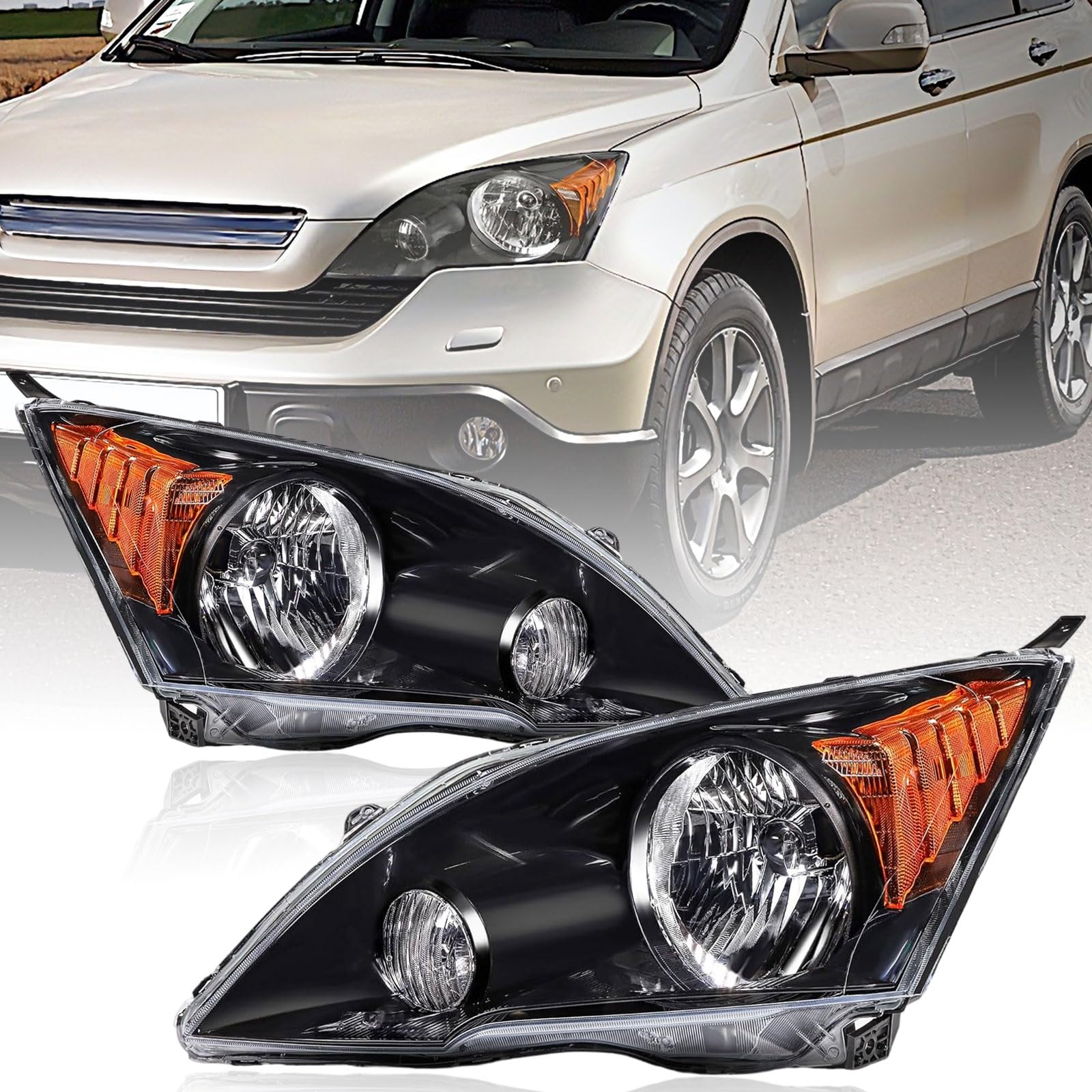Headlights Assembly for 2007-2011 Honda CR-V CRV HalogenHeadlamp Left+Right