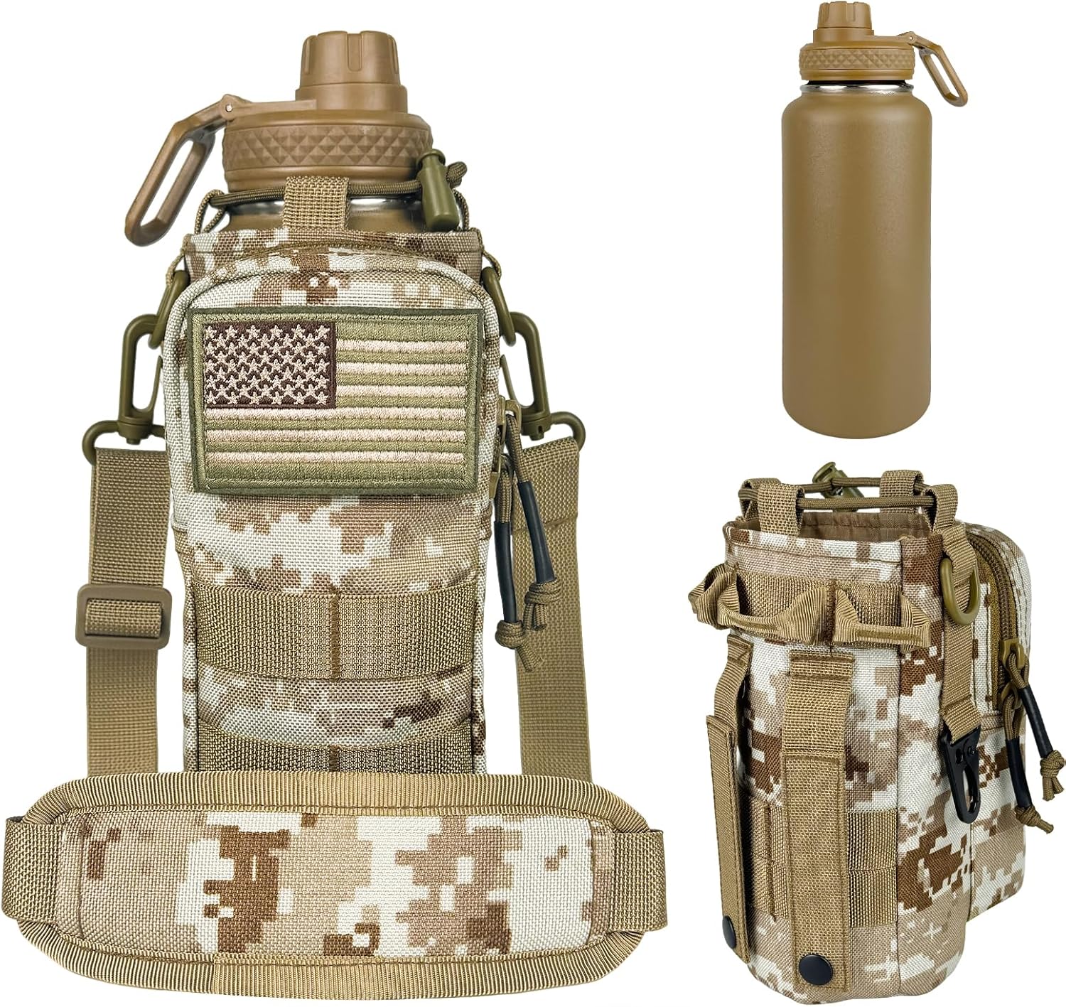 32 oz Insulated Water Bottle - Tactical Stainless Steel Water Bottle with Sleeve, Wide Mouth Gym Water Bottles for Men Sports Workout Hiking with Pouch Desert Camo