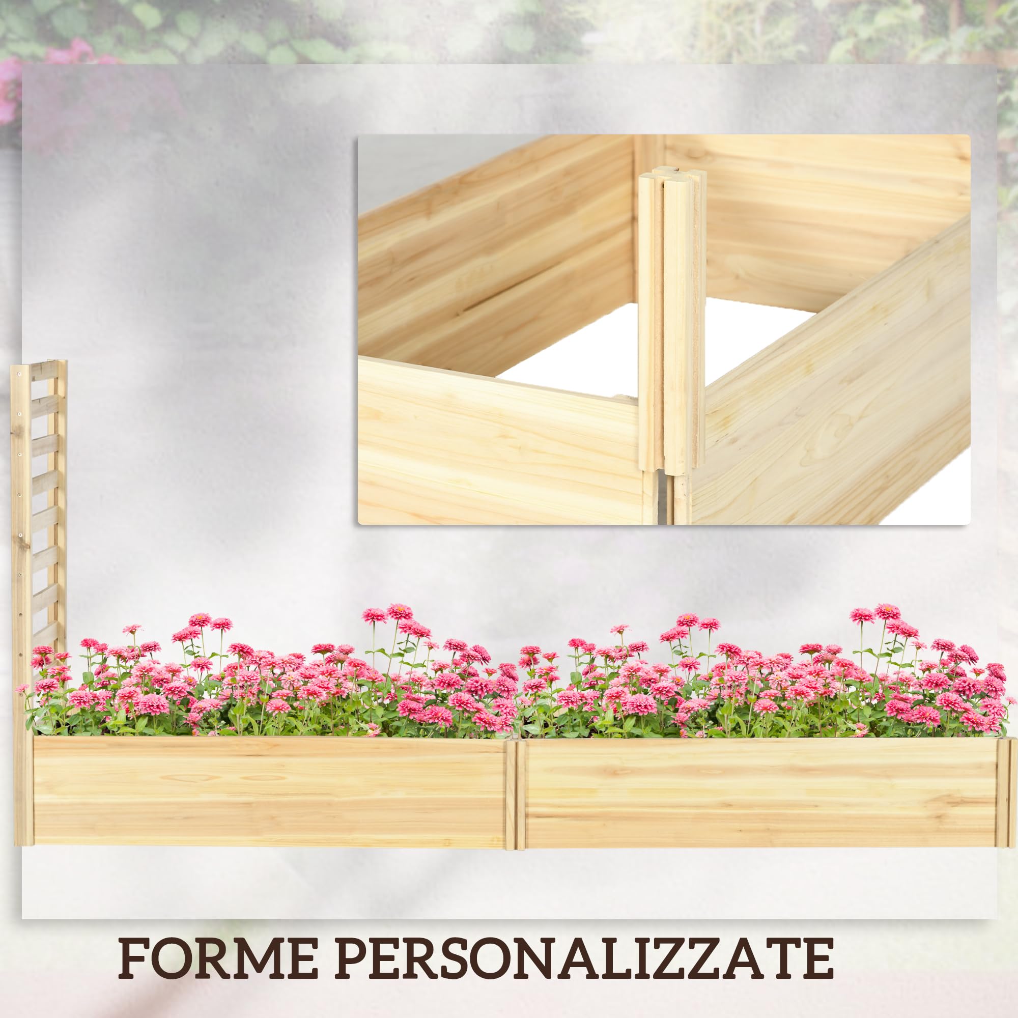 Outsunny Letto per Orto Rialzato da Esterno in Legno di Abete con 2 Fondo Aperto e Spalliera, Fioriera da Esterno con Grigliato per Piante Rampicanti, per Fiori, Piante, 230x60x110 cm, Color Legno