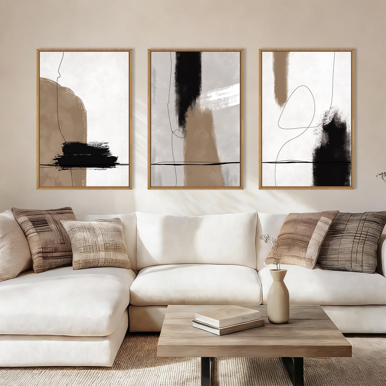 KAIRNE Abstract Neutral Black Brown Framed Canvas Wall Art Set-16"x24"x3 | Modern Color Blocks Wall Decor,Minimalist Brush Strokes Art Prints,Geometric Lines Artwork for Living Room,Bedroom,Office