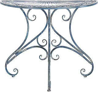 Safavieh Annalise Victorian Antique Blue Outdoor Accent Table - Iron Half-Moon Side Table for Patio, Veranda