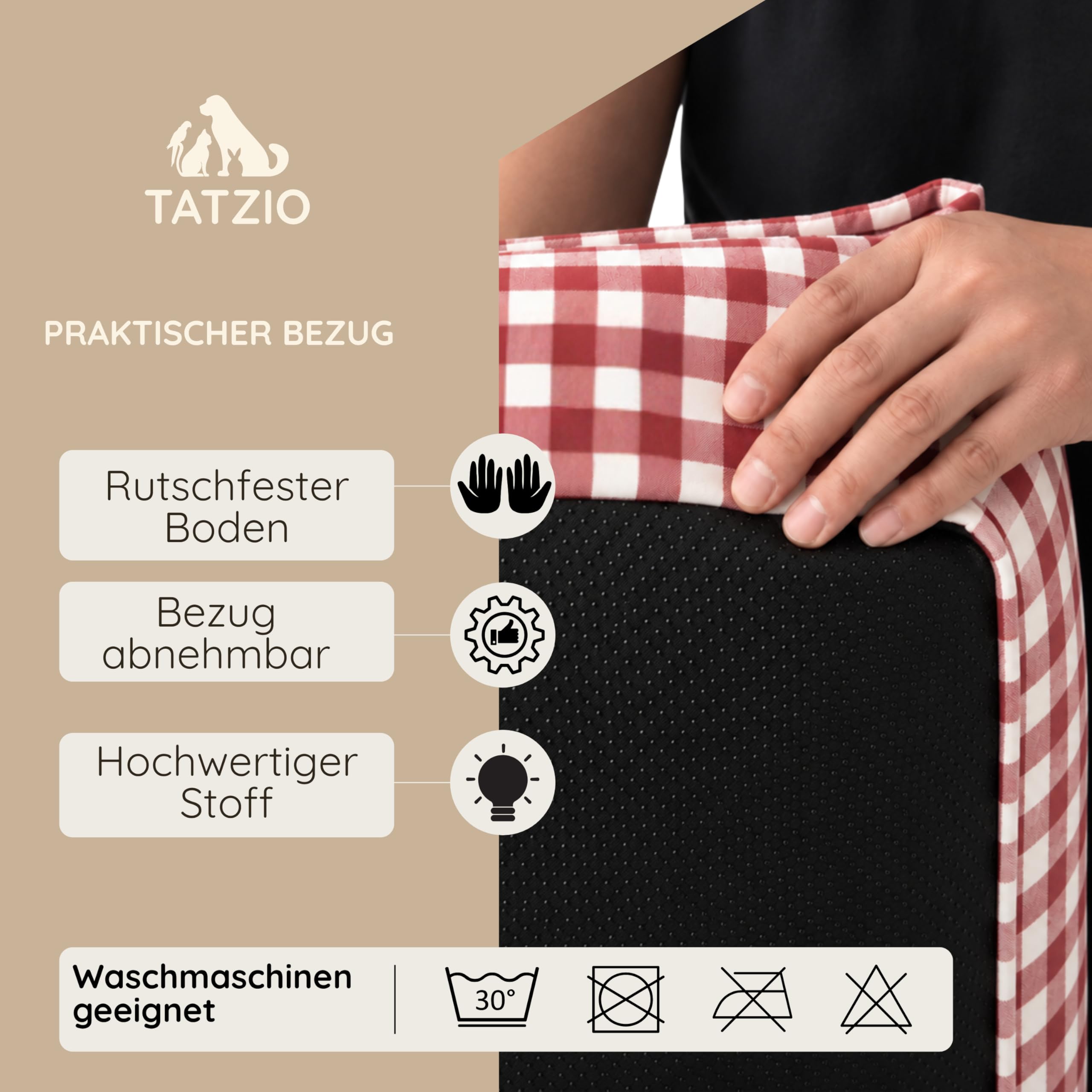 Haustierbett für Katzen & kleine Hunde, Kariertes Katzenbett mit waschbarem Bezug & herausnehmbarem Kissen, formstabiles Hundebett & Katzenkorb, 60 x 50 x 20 cm rot