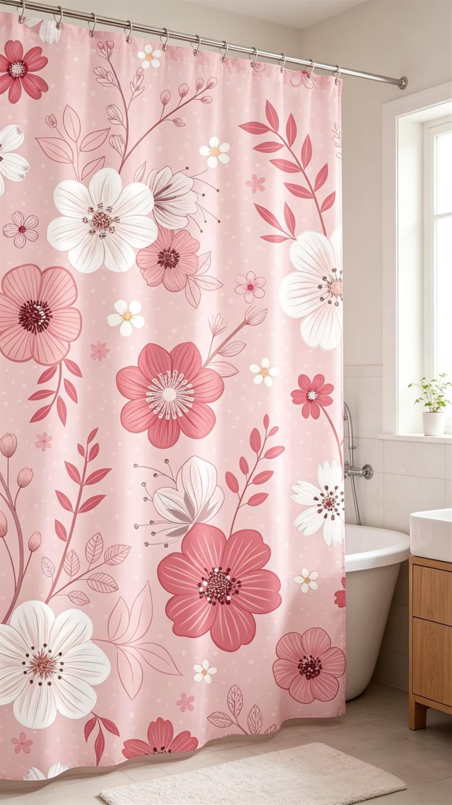 Rideau de Douche Anti-Moisissure en Tissu Imperméable,rideau de Baignoire Antibactérien Lavable avec 16 Crochets,Polyester de Qualité Supérieure pour Salle de Bain,240 x 200 cm,Fleurs rose beige