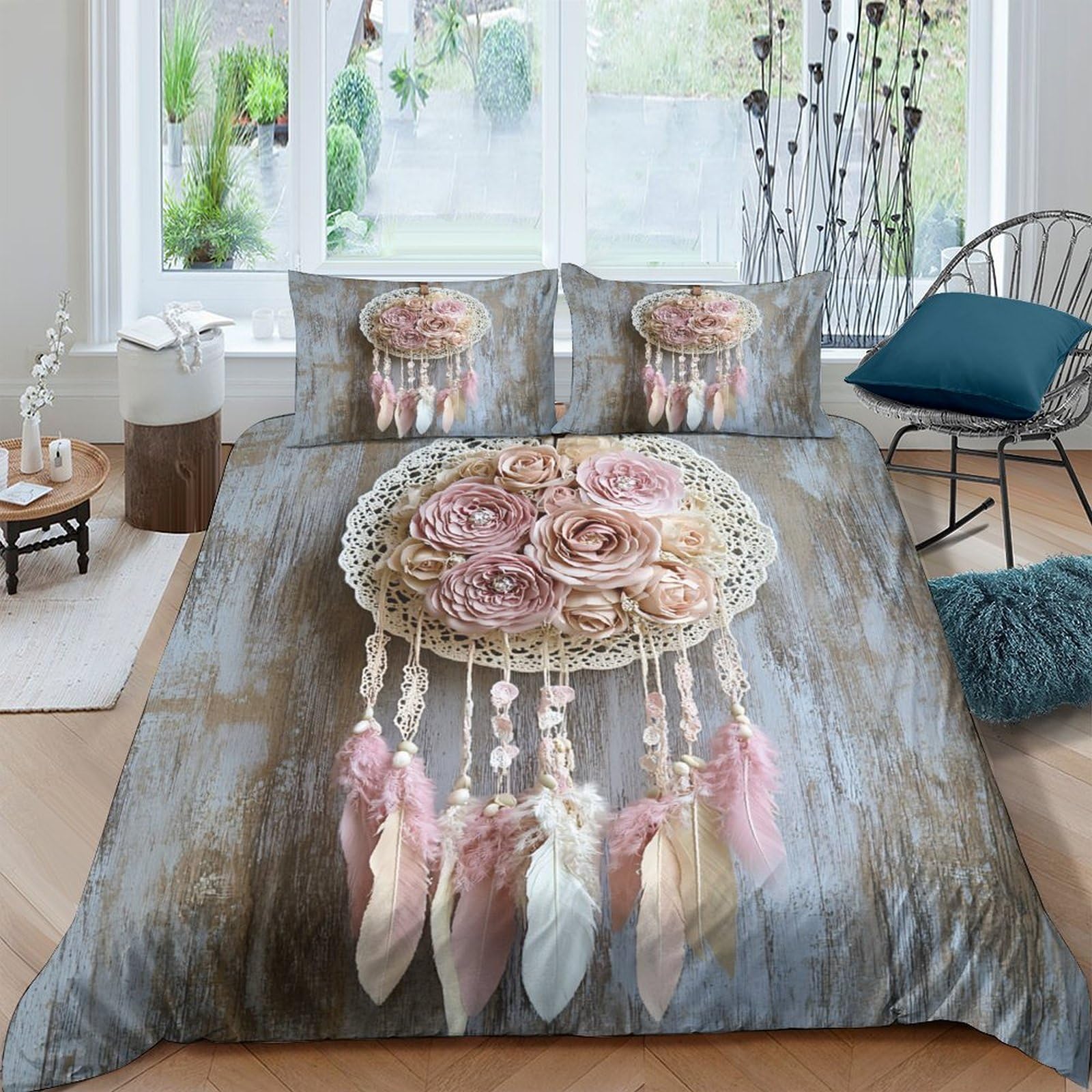 Ctjqhvkz Style-9 3D Printed Pink Dreamcatcher Fitted Sheet Microfiber Soft Grey Feathers Bed Sheet For Bedroom Guest Room Decor Single（135X200cm）