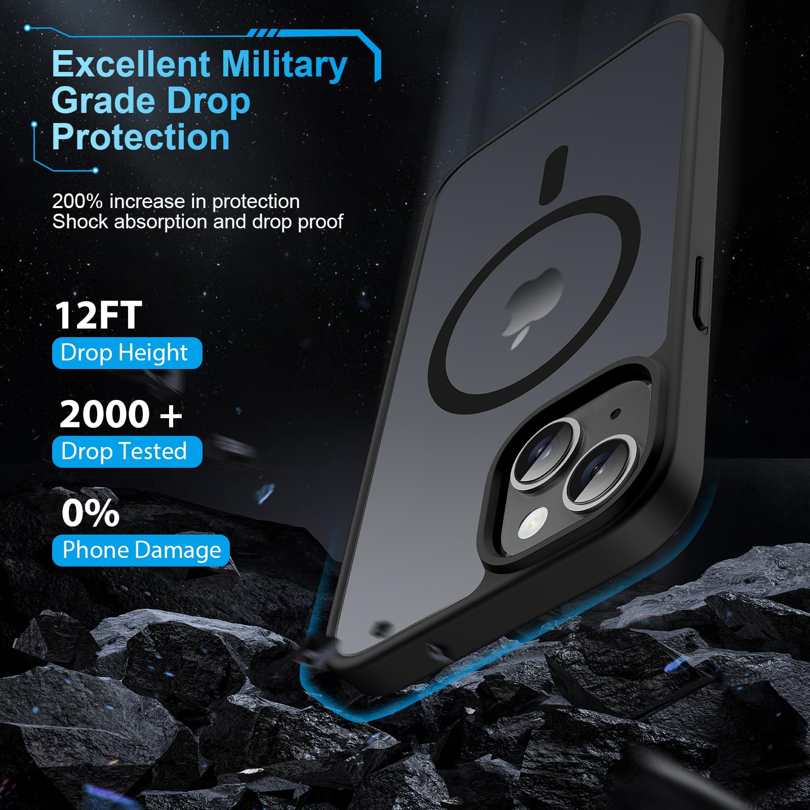 TQIAHF Magnetica Cover per iPhone 15 con 2 Pellicola Vetro Temperato Protezione Schermo Compatibile con Magsafe Case Militare Antiurto Sottile Opaca Telefono Custodia per iPhone 15,Nero