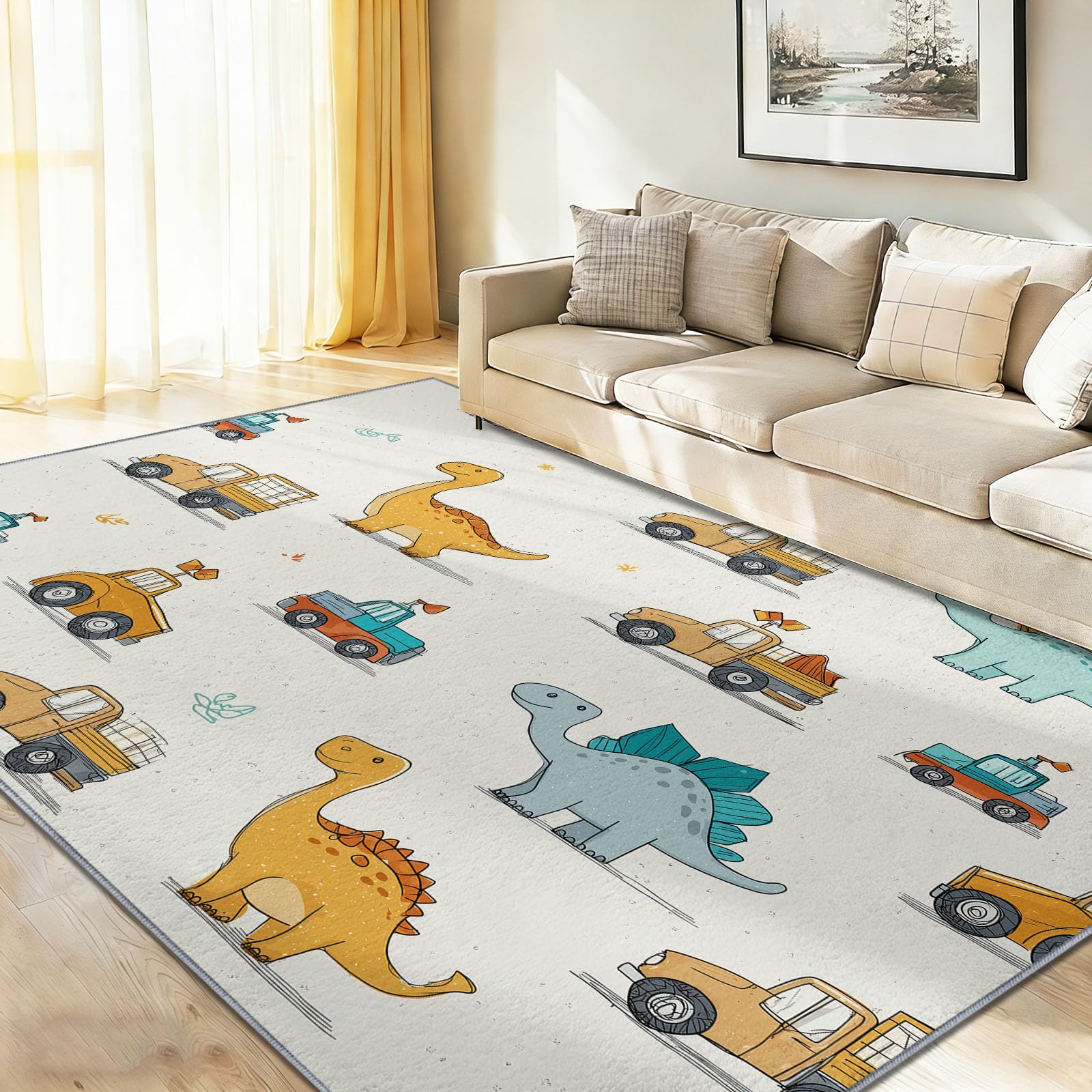 Zabawny dinozaur i ciężarówka dywan do pokoju dziecięcego antypoślizgowy spód do salonu, sypialni i pokoju dziecięcego nowoczesny dywan 140 x 200 cm, biały