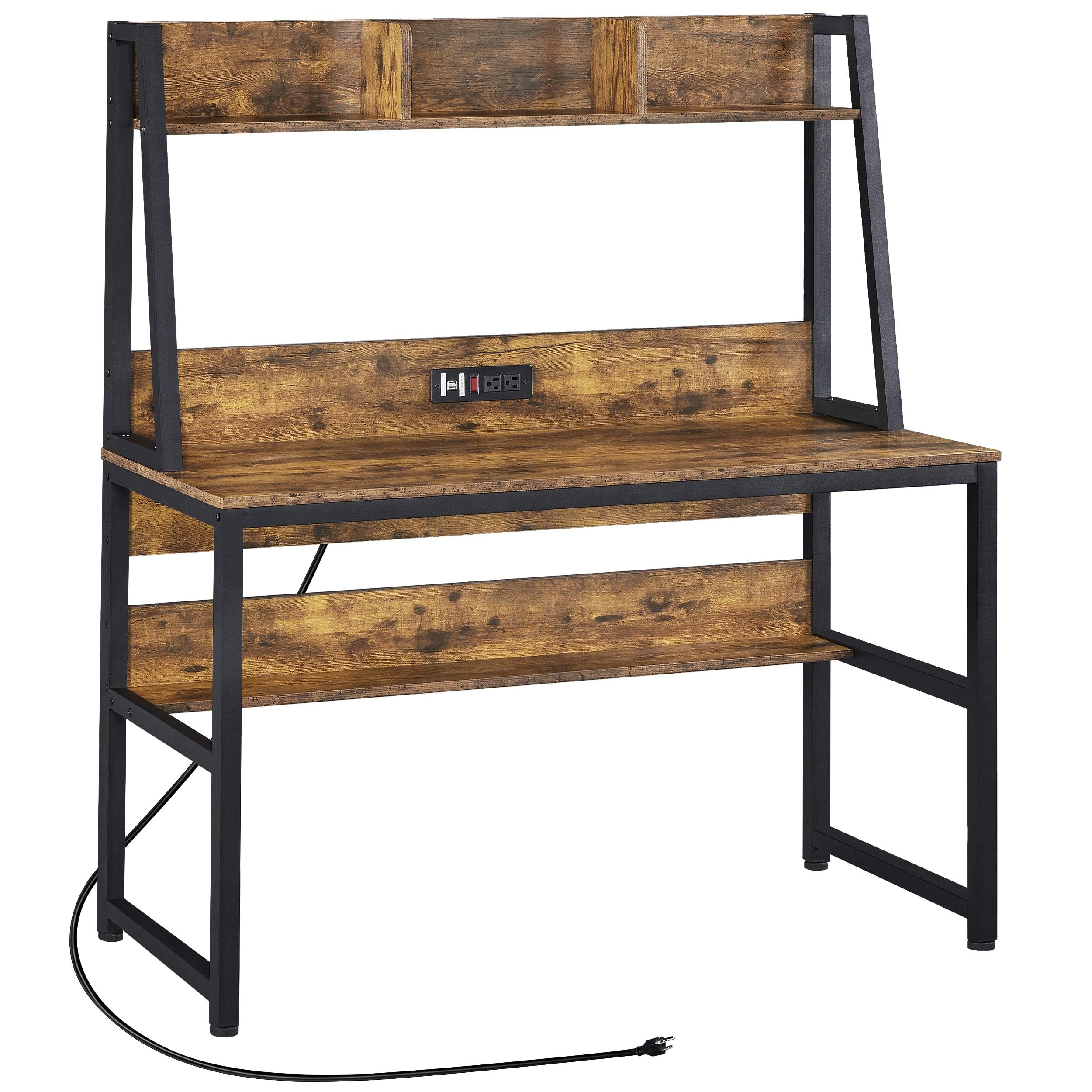 Yaheetech 47 in Modern Computer Desk with Power Outlets and 2 USB Ports, Home Office Study Writing Desk with Hutch and Bookshelf, Large Workstation Gaming Table with Charging Station, Rustic Brown