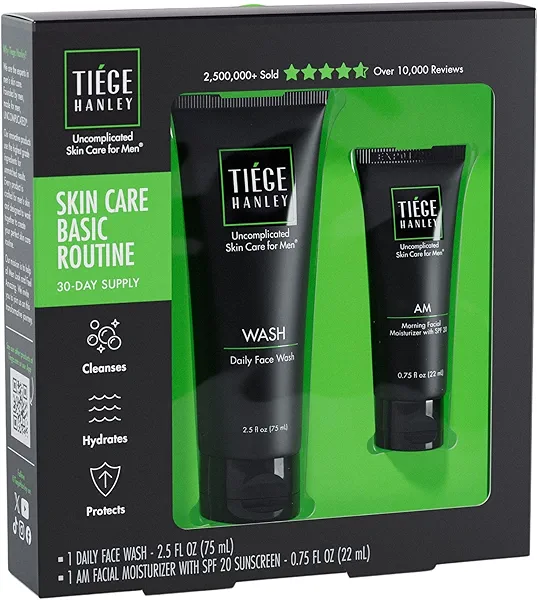 Tiege Hanley Men’s Basic Skin Care Set – Hydrating Face Wash & Daily Moisturizer with SPF 20 – Basic Facial Kit for Men – Sensitive Skin Safe, Lightweight & Non-Greasy - Easy and simple skincare