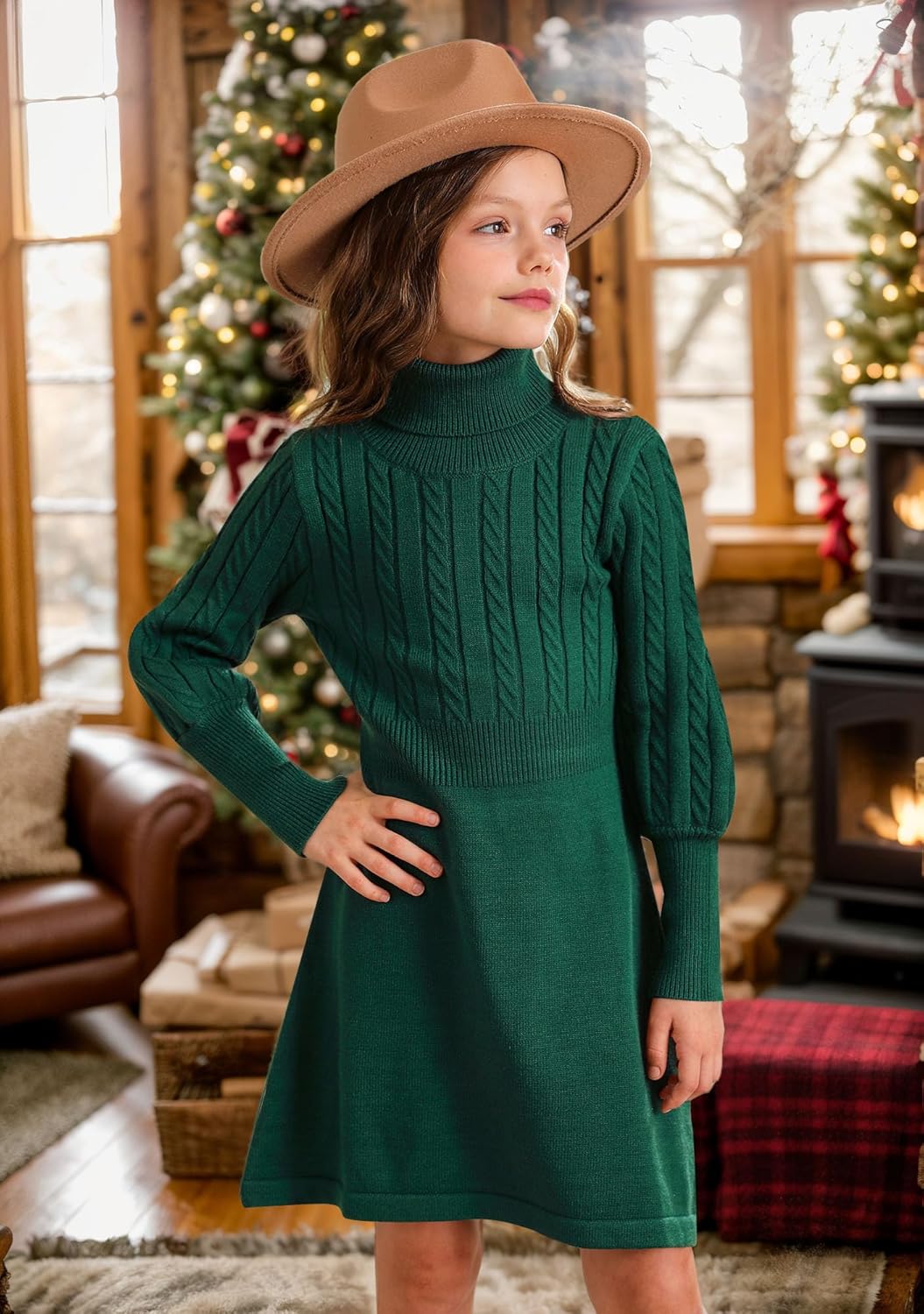BesserBay Girls Winter Long Sleeve Sweater Dress Turtleneck Cable Knitted Pullover Midi Dress 6-14 Years - Image 3