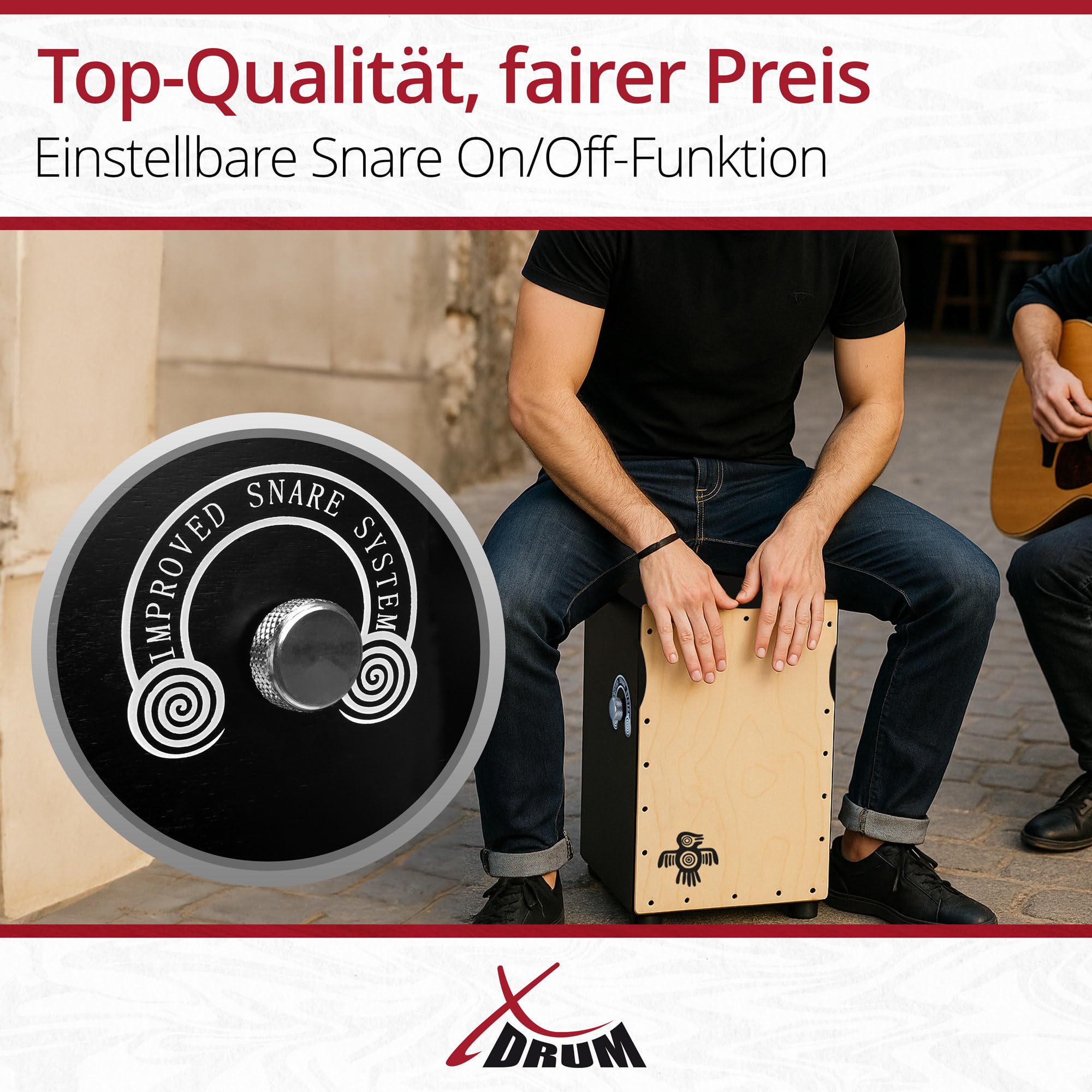 XDrum Pro Cajon Peruana Ash (2 Schlagplatten aus Birke und Esche, Snare On/Off-Funktion auf Birkenseite, 50 cm hoch, inkl. Rucksack-Tasche)