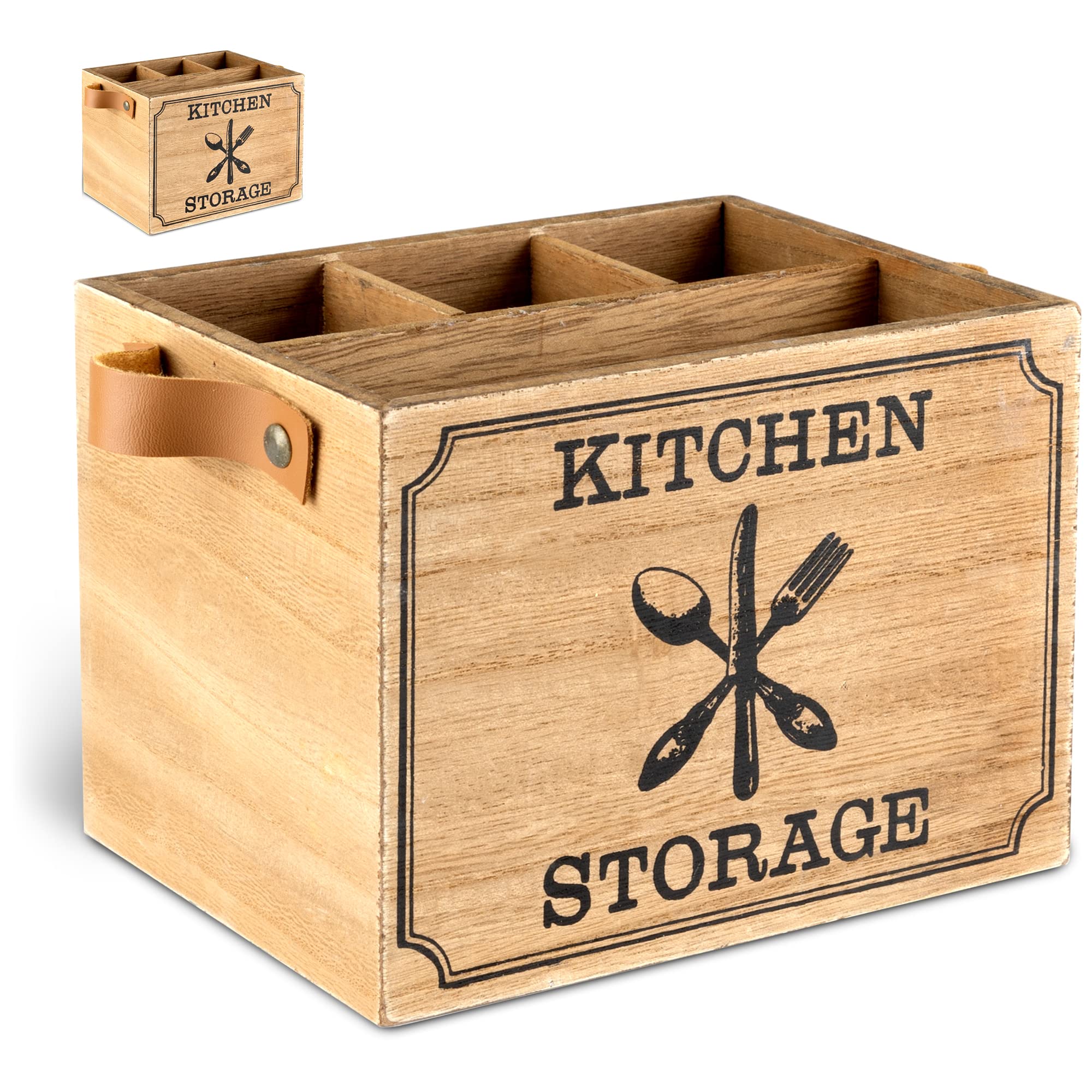 Novaliv 2 Piece Kitchen Utensil Holder with 4 Compartments and Leather Handles Cutlery Basket Made of High Quality Wood 17 x 12.5 x 12.5 cm Utensil Holder Utensil Rack Utensil Holder Utensil Holder