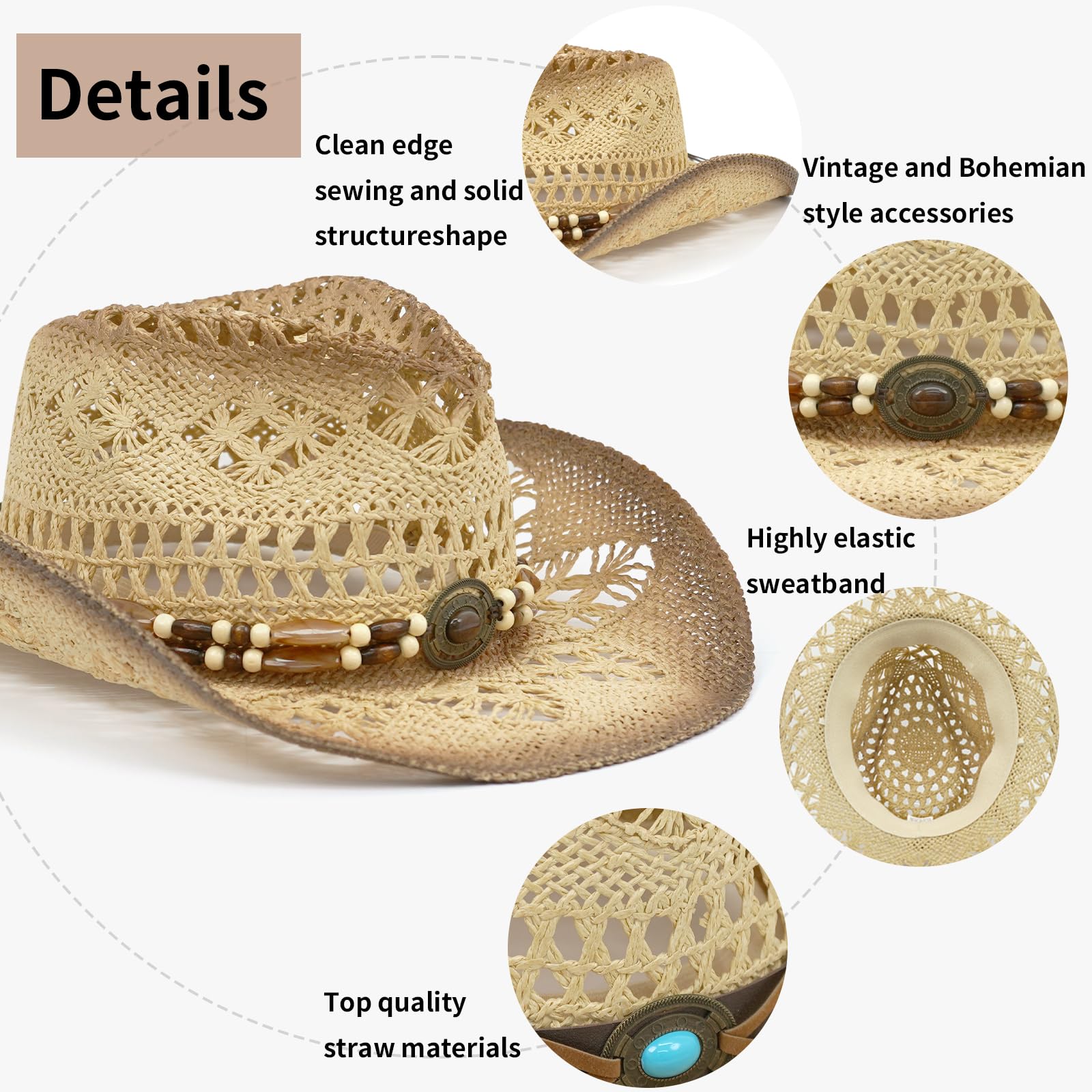 GONITYOU Straw Cowboy Hats for Women & Men, Boho Wide Brim Cowgirl Hat with 4 Decorative Bands Hats for Western Outfit and Everyday Wear, Light Brown