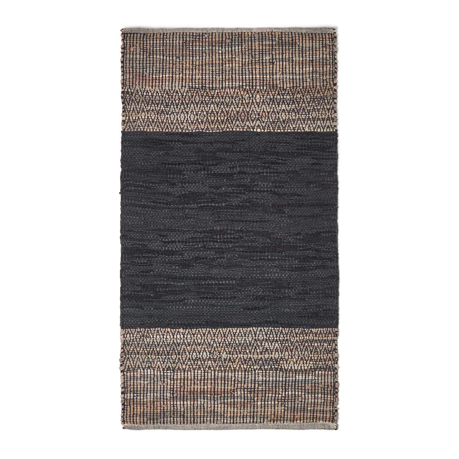 HOMESCAPES - Tapis en Cuir recyclé Noir et Beige à Motif Chevrons - 120 x 180 cm