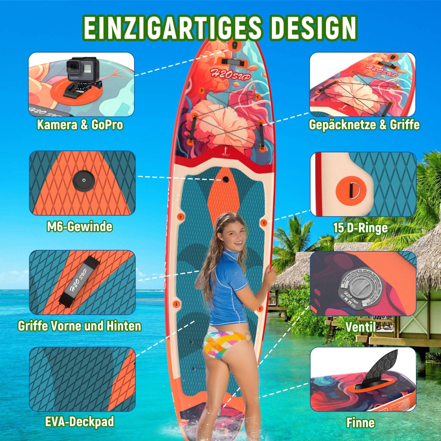 Tavola Sup Gonfiabile - Stand Up Paddle con Accessori Premium, Superstabilità Sup Gonfiabile, Paddle Boards Adulti con Capacità di 200KG per 3 Persone