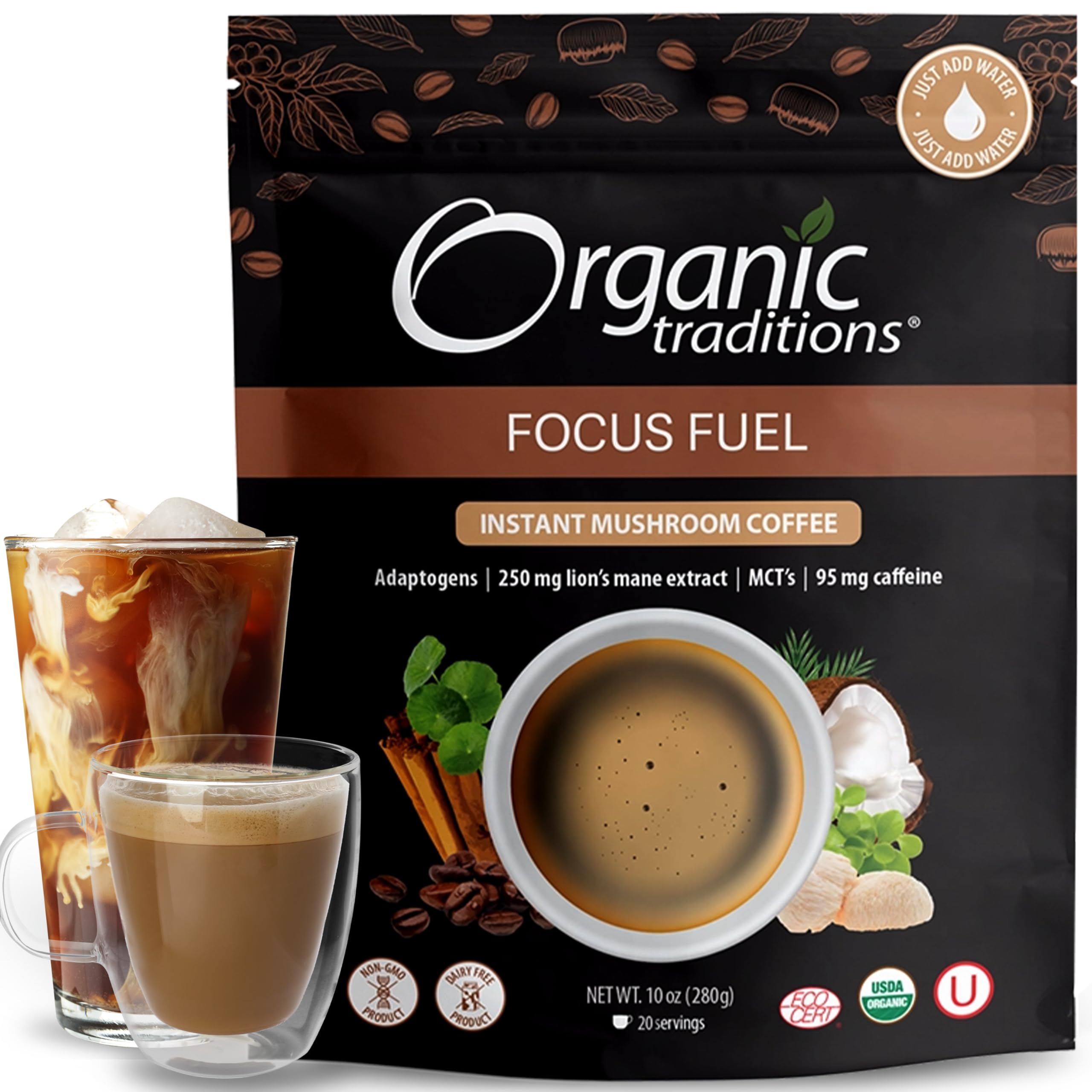 Organic Traditions Focus Fuel Mushroom Coffee, 100% Organic Instant Mushroom Coffee with Lion's Mane, Adaptogens & MCT, 95mg of caffeine per cup, 280 gr/10oz Bag