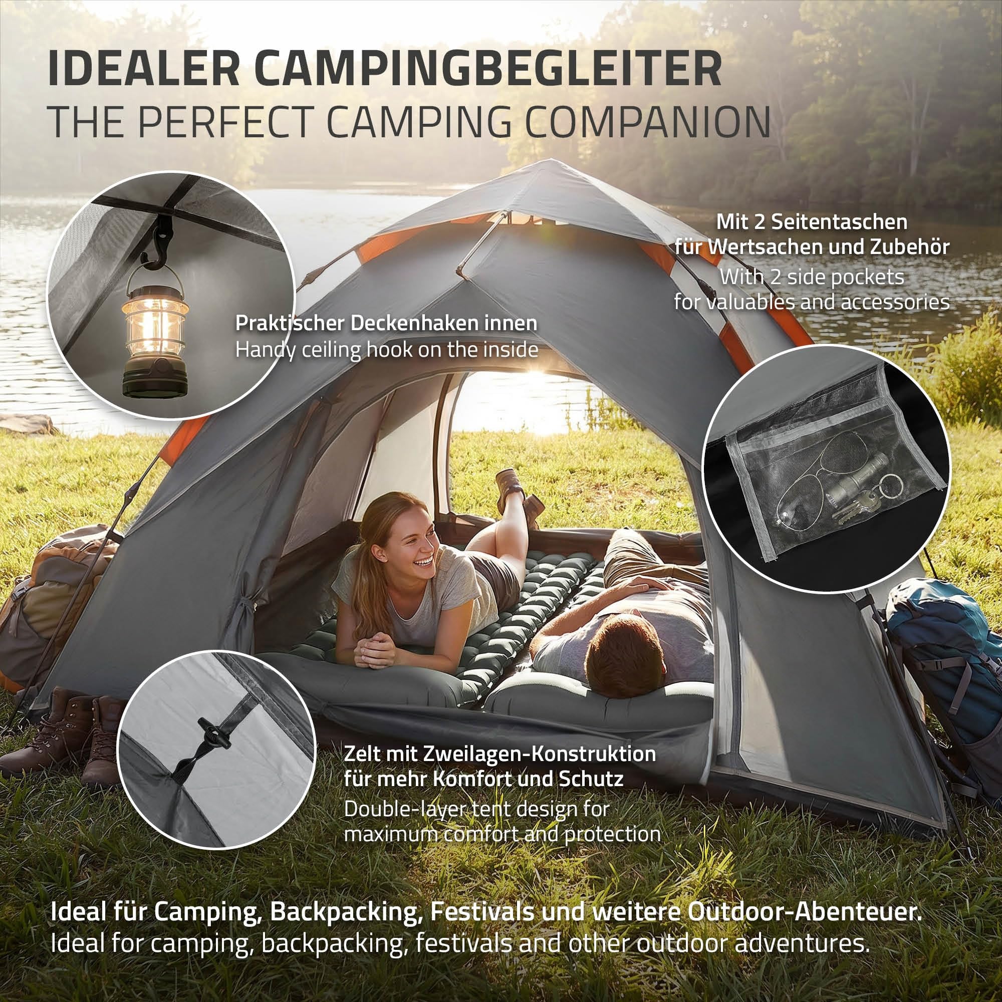 ECD Germany Namiot 3-4 Osobowy Pop-Up Campingowy, Lekki Dwuwarstwowy Namiot Outdoor Kopulowy z 2 Wejsciami, Wodoodporny i Wiatroodporny Namiot Rodzinny z Torba na Camping i Wedrówki, Zielony/Szary