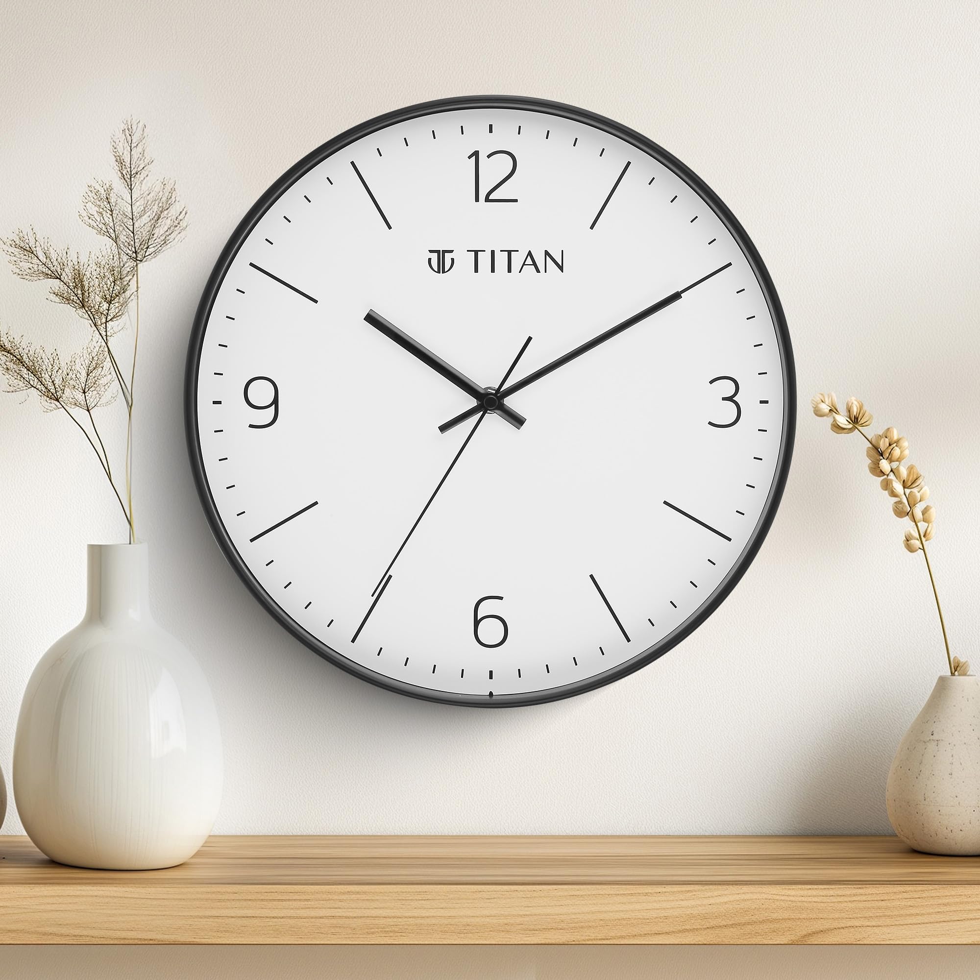 Titan Essence Classic Analog Wall Clock - Black & White Minimal, 30 W x 30 H cm, Plastic