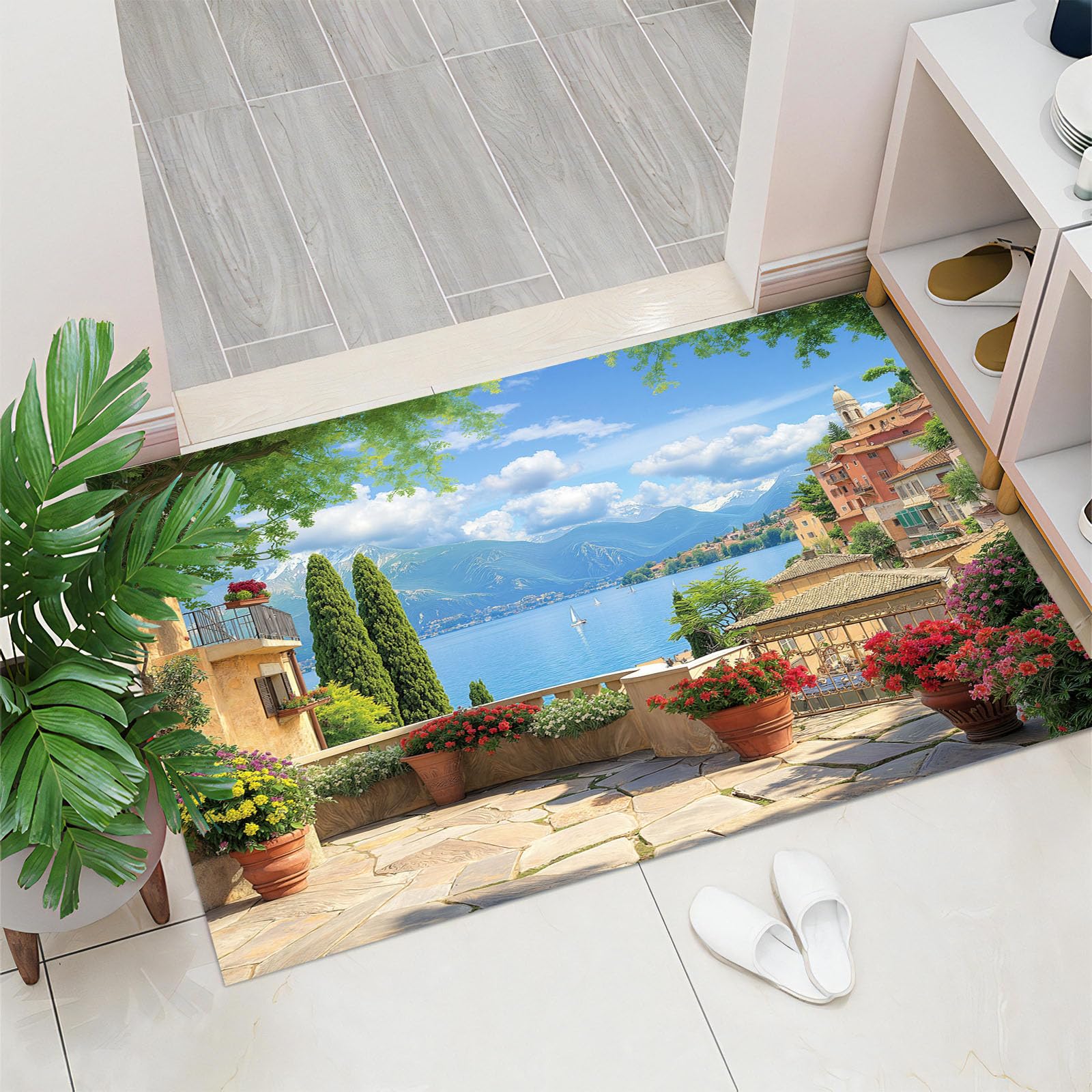 Tapis bleu clair imprimé paysage urbain avec envers antidérapant sécurisé 50x80cm