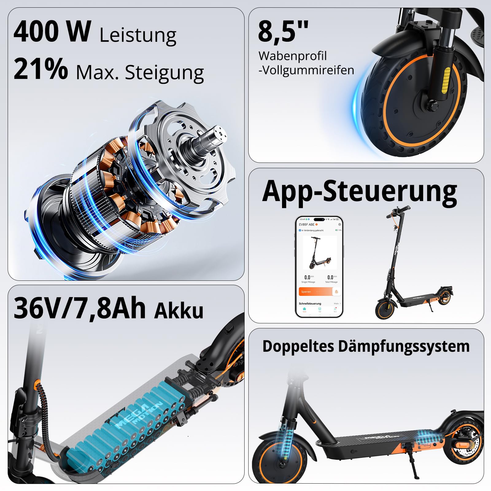 MEGA MOTION Uchwyty 8,5" hulajnoga elektryczna z dopuszczeniem do ruchu drogowego, ABE składana hulajnoga elektryczna