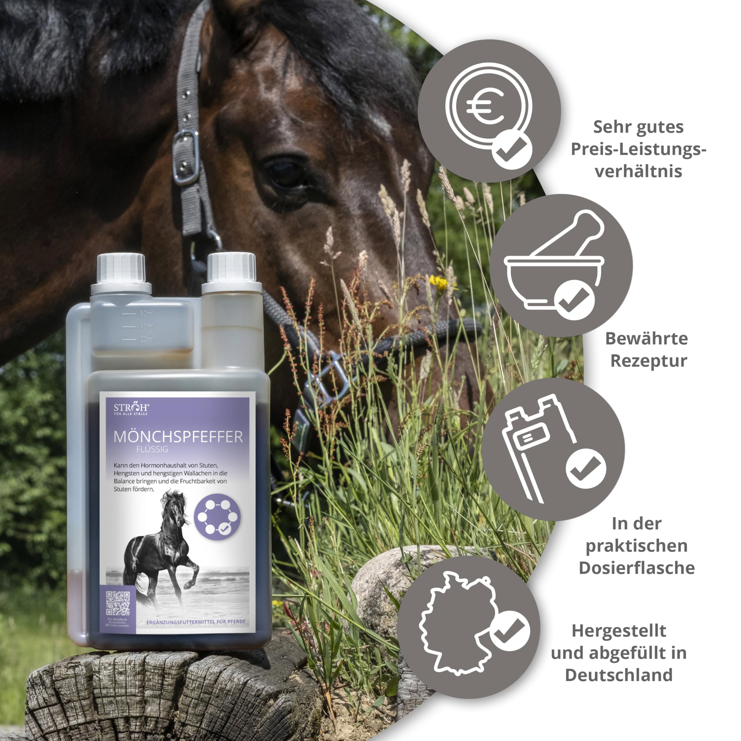 STRÖH Pimienta monje para caballos (1 l líquido en botella dosificadora) • Para un equilibrio hormonal estable en caballos • Especialmente adecuado para yeguas, sementales y castrados sementales •