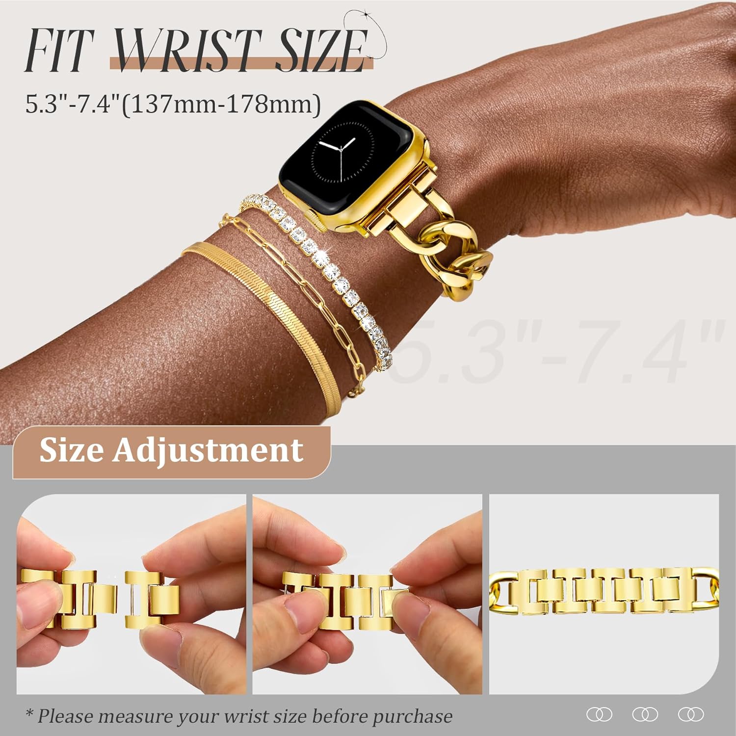 JR.DM Gold Watch Bands and 3Pcs 18k Golden Bracelet Set for Women Compatible with Apple Watch 42mm(S3/2/1)/44/45/46/49mm Adjustable Metal Dressy Bracelet for iWatch Series 11/10/9/8/7/6/5/4/SE/3/2/1