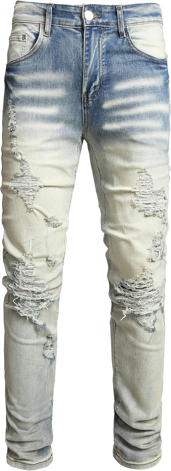 Men's Ripped Straight Holes Stretchy Jeans