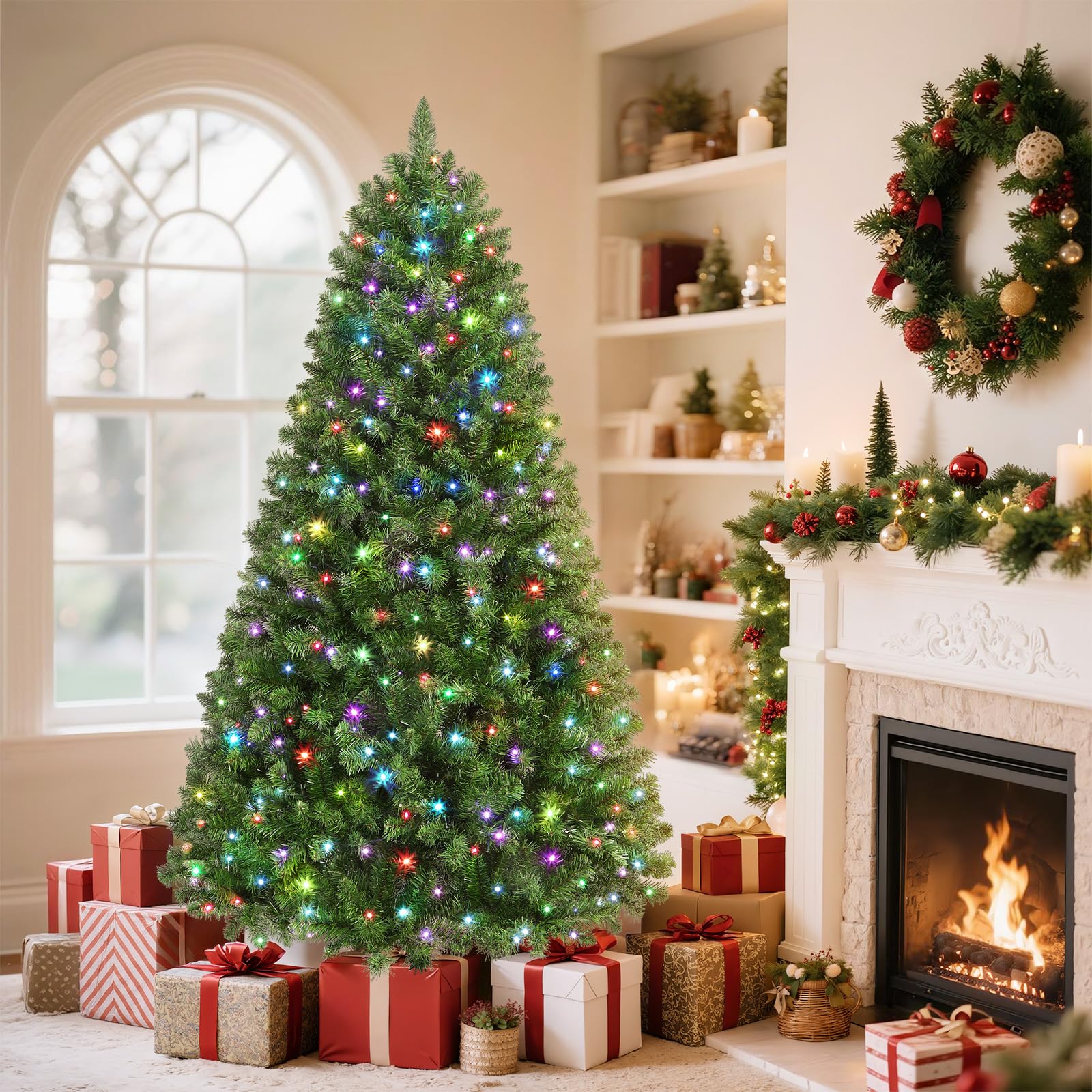 SHareconn 7.5ft Prelit Artificial Christmas Tree with Remote Control, 470 Multi-Color LED Changing RGB Lights, 1264 Branch Tips, 7.5 FT Pre-Lit Tree Perfect Choice for Xmas Decoration, Green