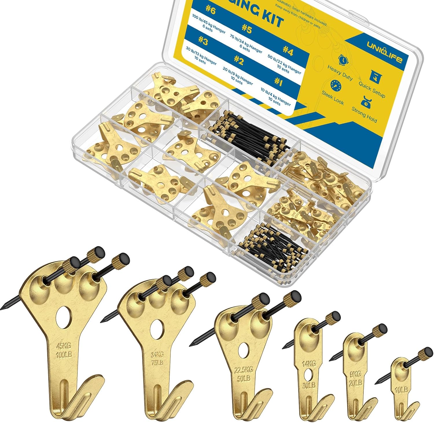 Uniclife 152 Pcs Picture Hanging Kit, 10 lb, 20 lb, 30 lb, 50 lb, 75 lb, 100 lb Heavy Duty Picture Hangers for Drywall & Wood, Picture Hanging Hooks, Frame Hooks for Hanging Photos Mirrors Paintings