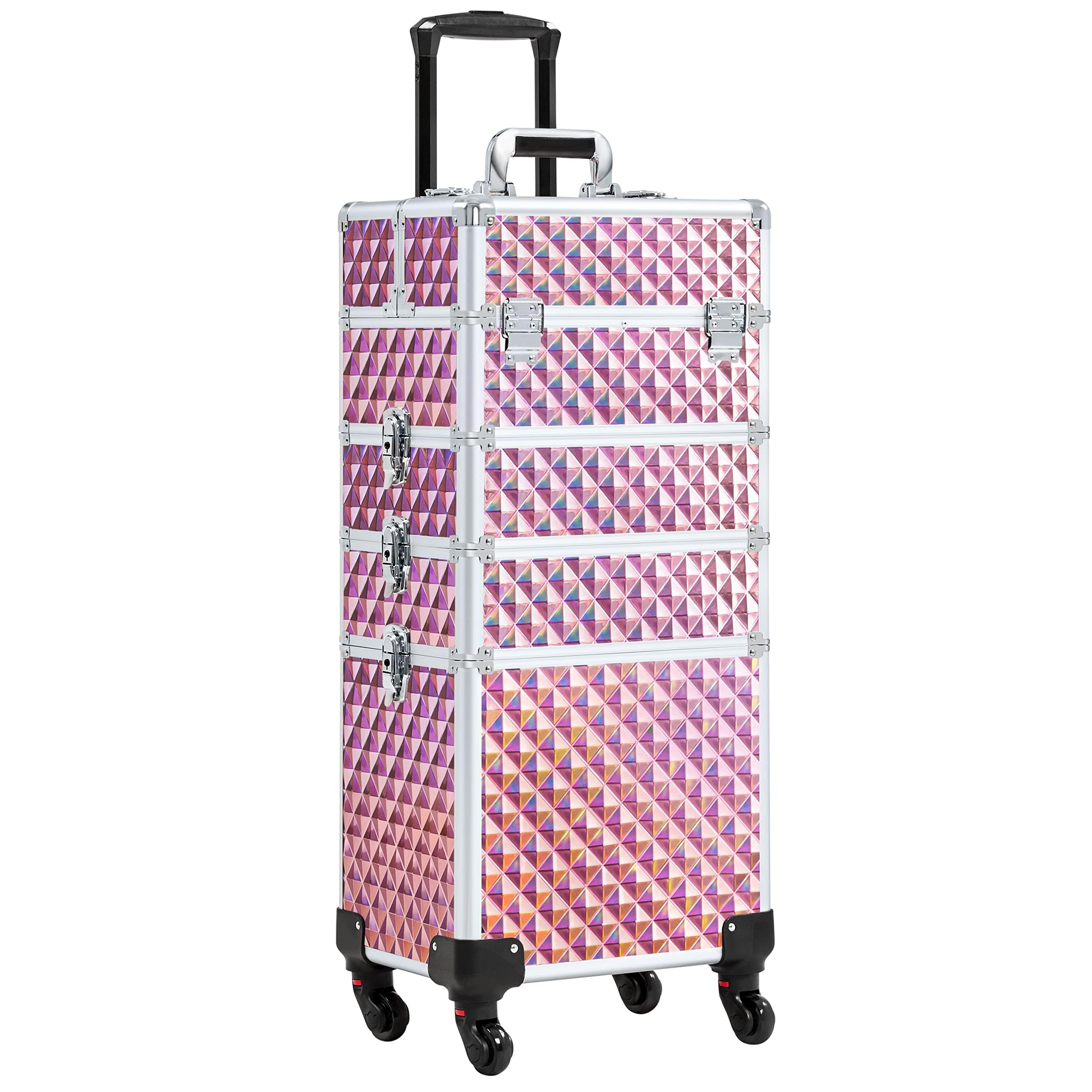 Yaheetech Kosmetyczka 4 w 1, na kółkach, duża kosmetyczka, zamykana, wielofunkcyjna, z kółkami i szufladą, Brokatowy róż, 34 x 25,5 x 80,5 cm (LxBxH)