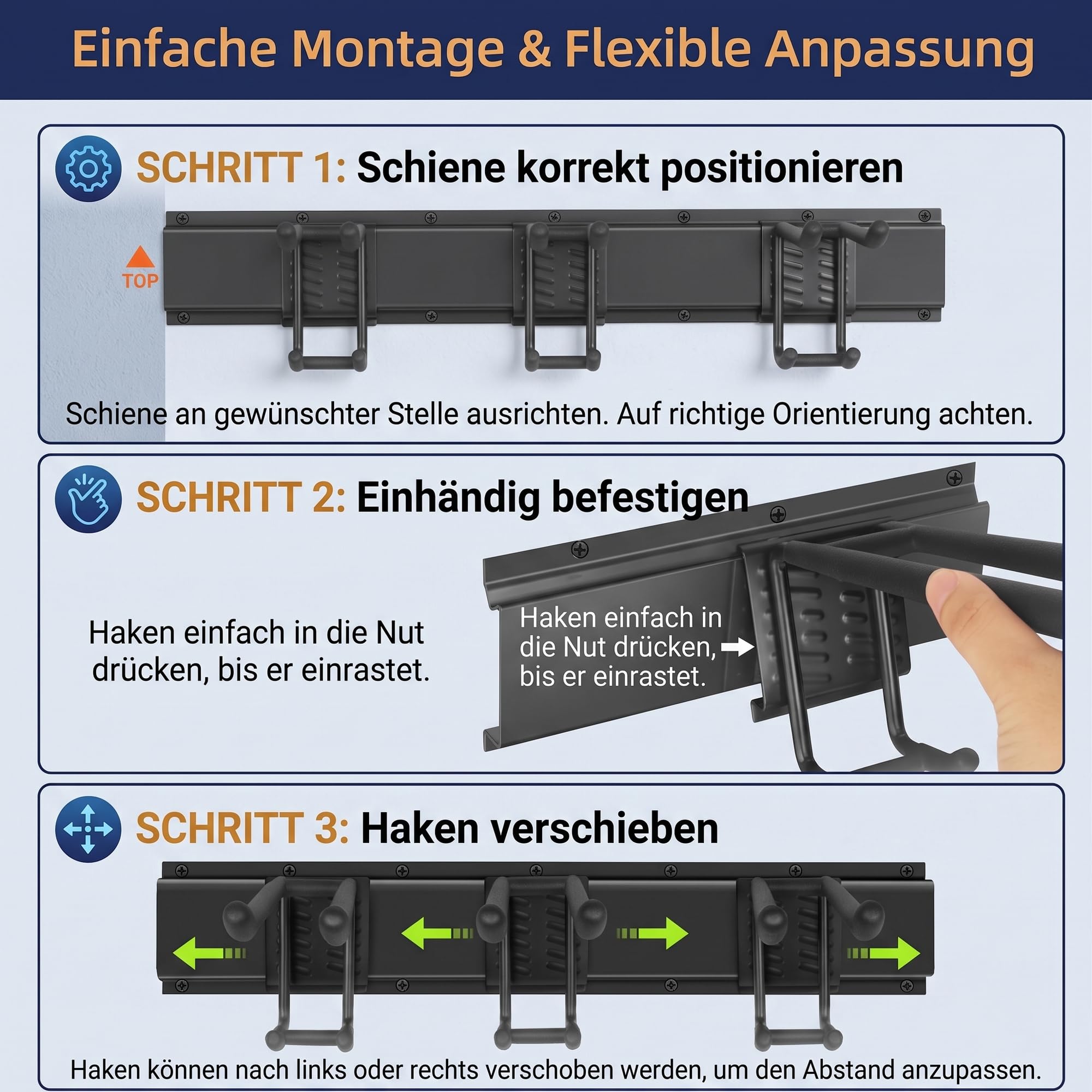 Gerätehalter Wandhalterung 122cm, 160kg Schwerlast, Gartengeräte & Skihalterung | 6 verstellbare Haken, Anti-Rutsch-Beschichtung, multifunktional (Garten & Ski), Hochleistungs-Stahl
