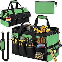 Sacoche Outils,Sac Outils vide,27 Poches Grand Ouverture Robuste Sac à Outils,Organiseur de Rangement,étui de Transport pour Papa,Homme,Mécanicien,électricien,Jardinage,Noir Vert(Sac Uniquement)