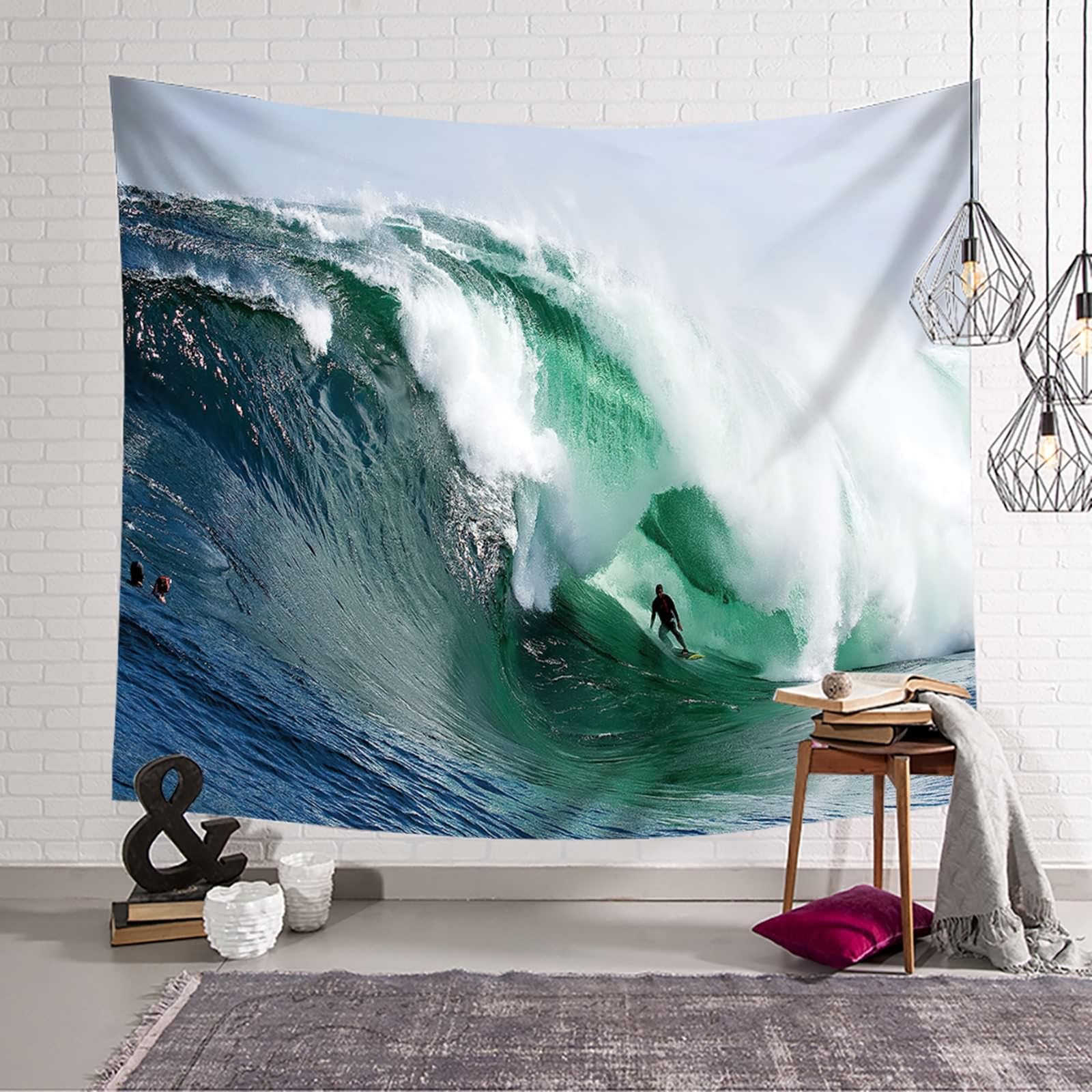 Tappeto Parete Soggiorno, Onda dell'Oceano e Surfista da Appendere alla Parete per la Decorazione della casa, 300x256cm