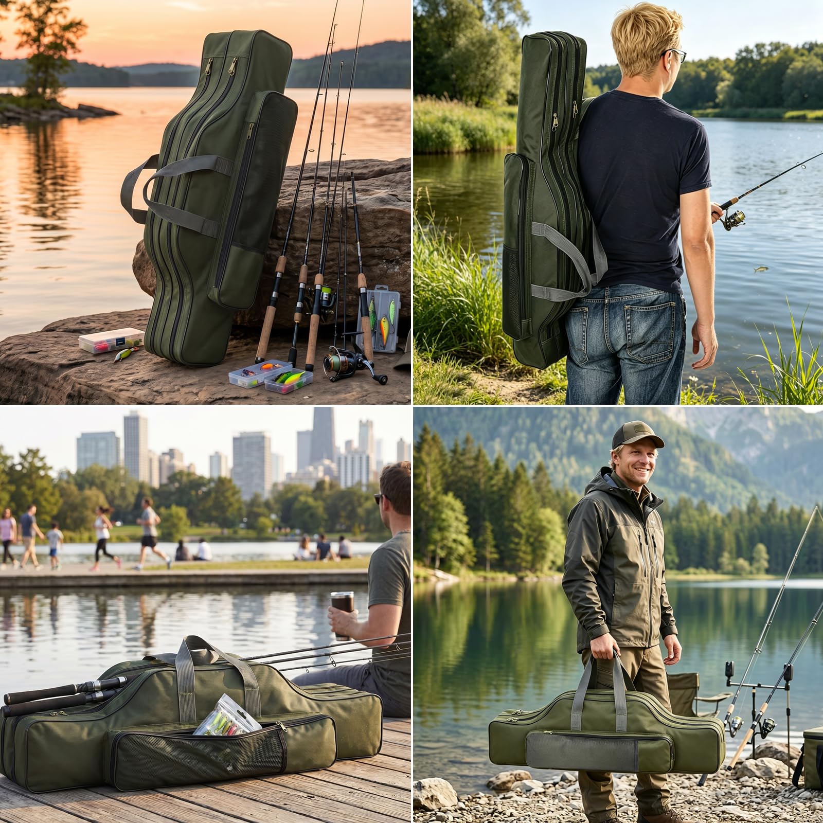 Sac de pêche pour Cannes avec boîte de Rangement, 80 cm/100 cm/130 cm/150 cm, Housse de Transport 3 Compartiments avec bandoulière, Pliable et imperméable, pour pêche en extérieur