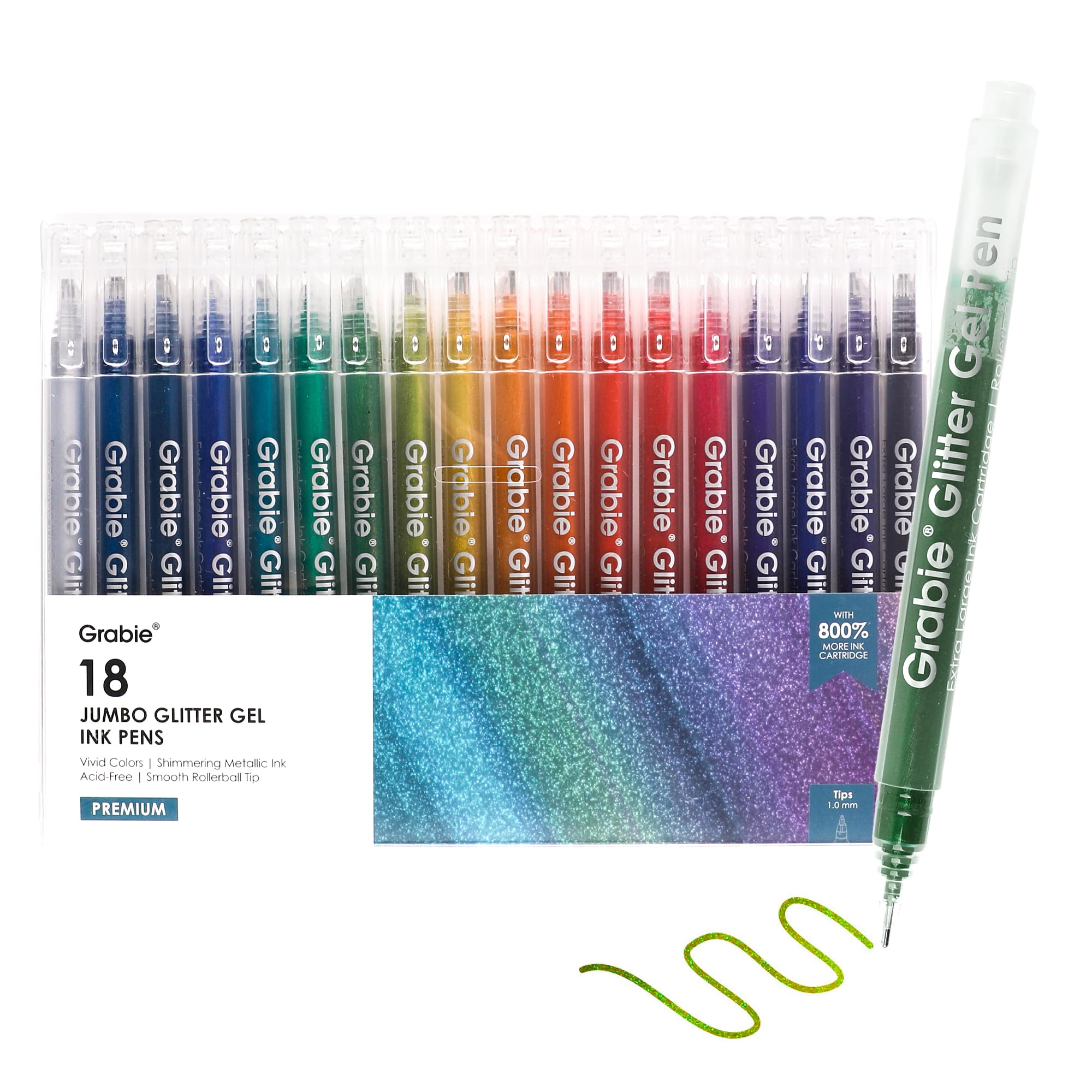 Grabie Jumbo Glitzer Gelschreiber Set, 18 Farben mit 800% mehr Tinte, Glitzerstifte für Malbücher & DIY-Projekte, 1,0 mm Rollerball für sanften Tintenfluss, Shimmering Metallic-Effekt