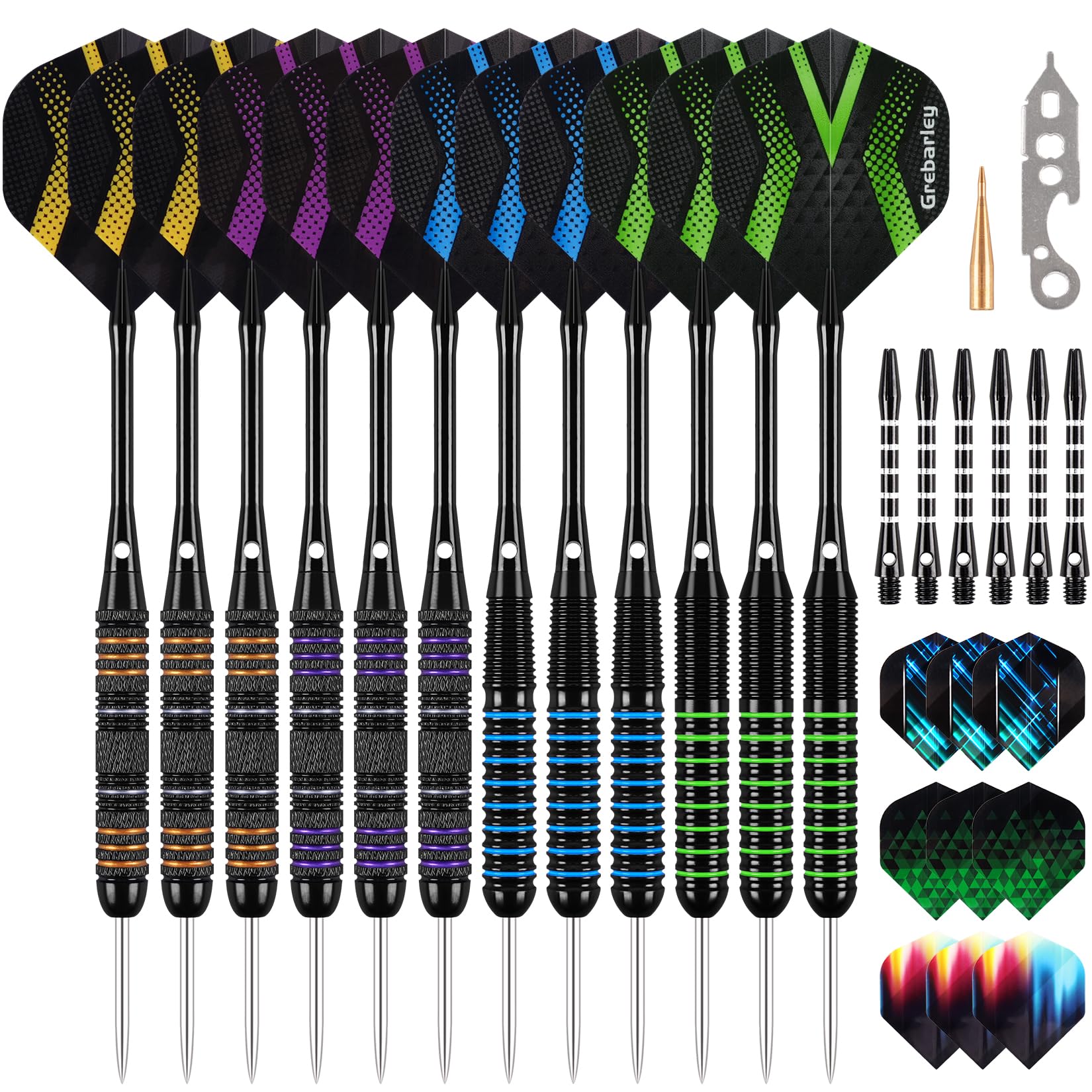 Grebarley Dartpfeile mit Metallspitze,12 Stück Profi Steeldarts 18 Aluminium Schaft mit 9 Flights 20 Orings
