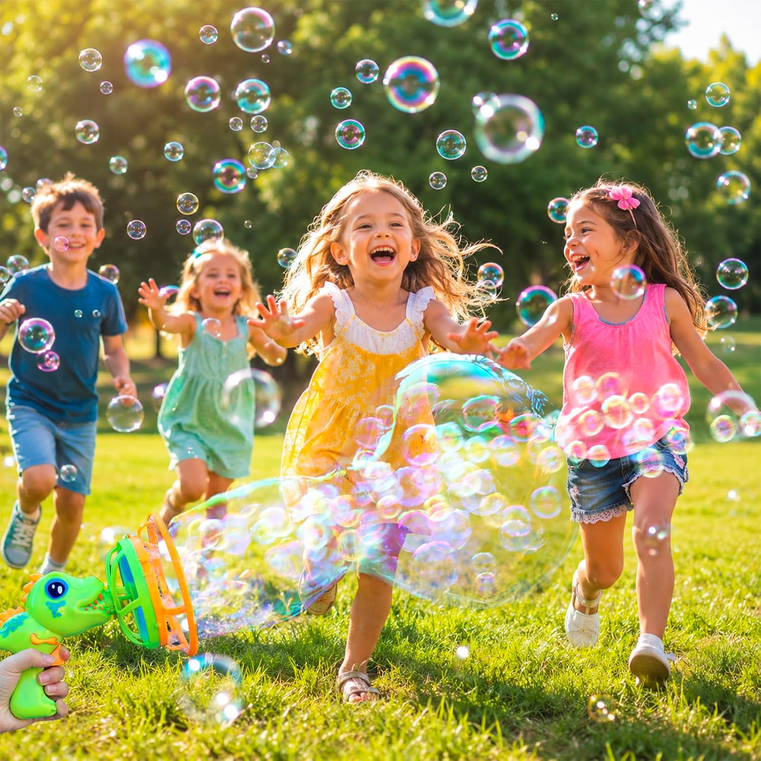 Dinosaur Bubble Gun for Kids Ages 3-8, Outdoor Bubble Machine Blower Toy | Bubble-in-Bubble Effect, Easy Grip Bubble Gun, Summer Outdoor Toy, Party Favor & Birthday Gift for Ages 3-8 Boys Girls