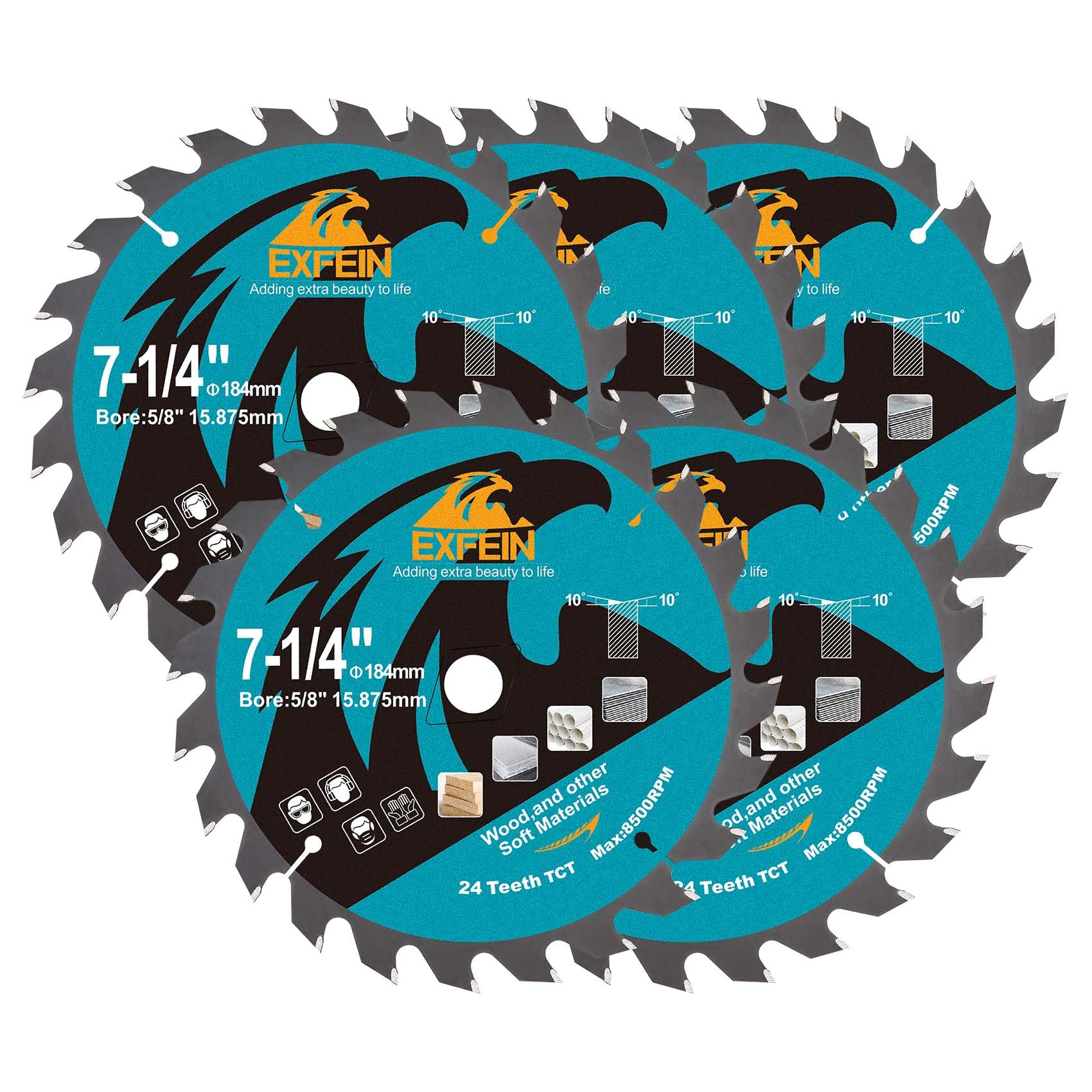 EXFEIN 184mm Wood Cutting Discs 5pcs, 24 Teeth ATB TCT Fine Finish Disc with 15.875mm Bore for Wood Plastic