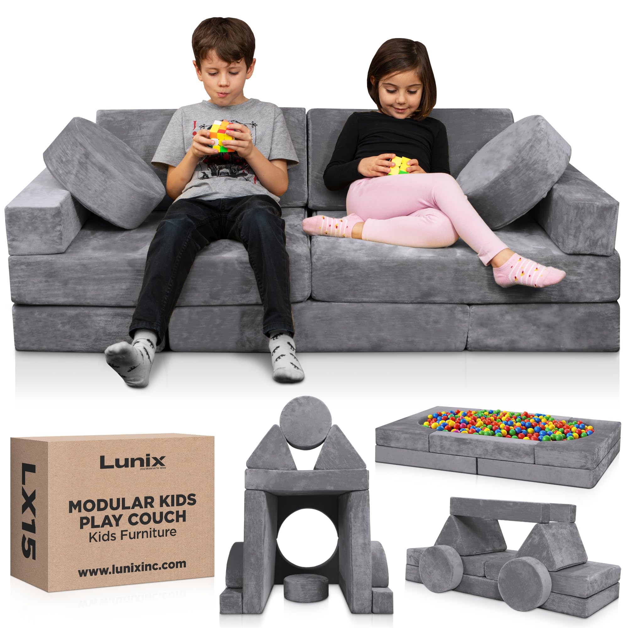 Lunix LX15 14pcs Modular Kids Play Couch, Child Sectional Sofa, Fortplay Bedroom and Playroom Furniture for Toddlers, Convertible Foam and Floor Cushion for Boys and Girls, Steel Gray