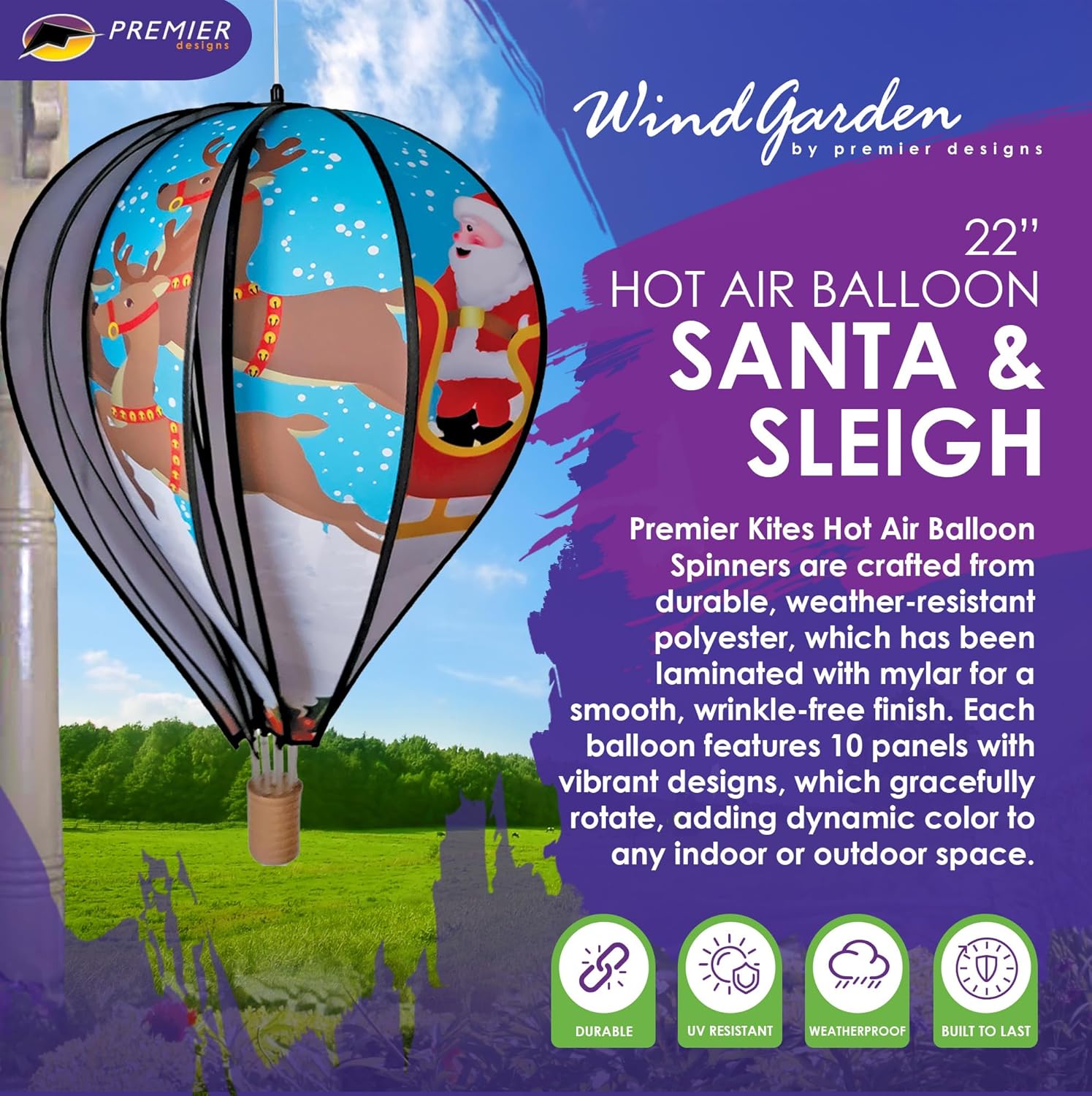 Hot Air Balloon Hanging Garden Spinner 22" - Vibrant Santa and Sleigh Design, Weather-Resistant Outdoor Decor, Durable & Lightweight for Patios, Yards, and Gardens - Eye-Catching Wind Spinner