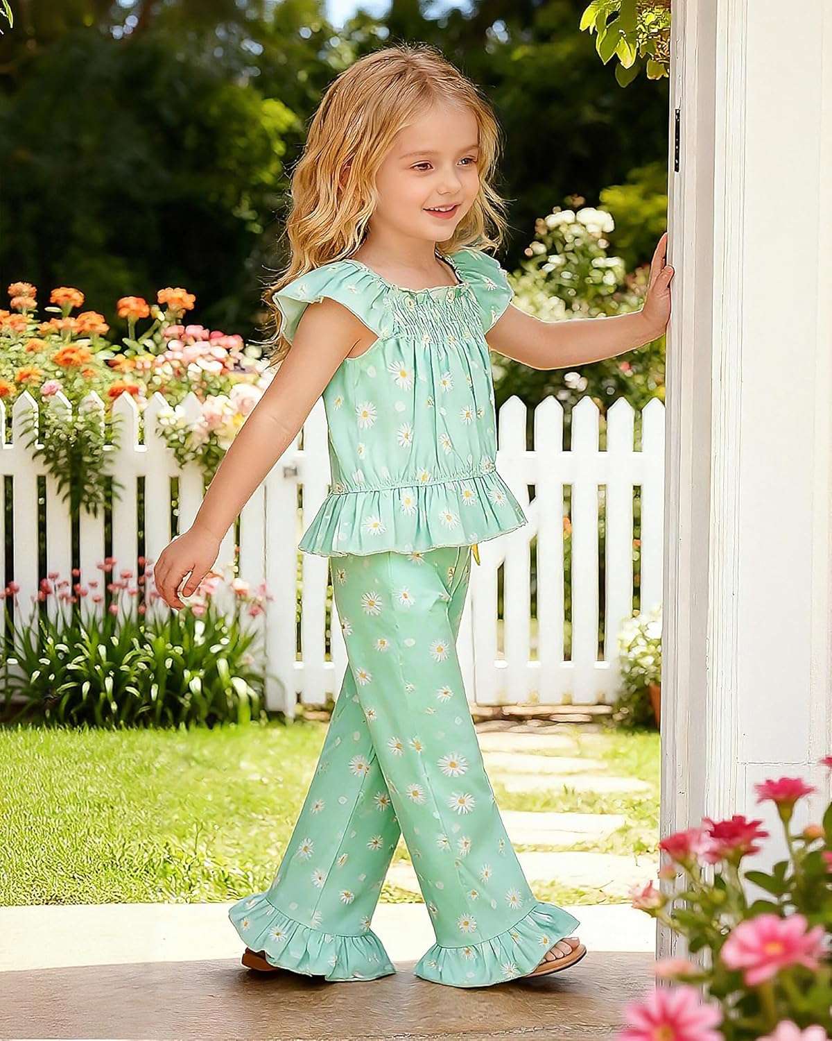 WESIDOM Toddler Girl Clothes 3T-8Y Girls Summer Outfits Short Flying Sleeve Top+Printed Ruffle Pants 2Pcs Clothing Sets - Image 4